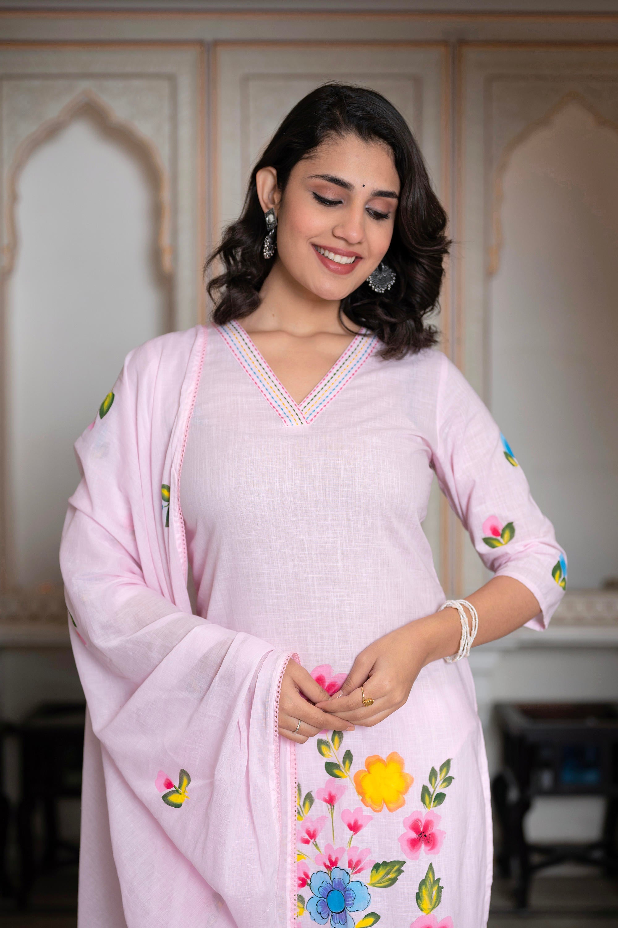 Baby Pink Hand-Painted Floral Kurta with Cotton Slub Palazzo & Cotton Voile Dupatta