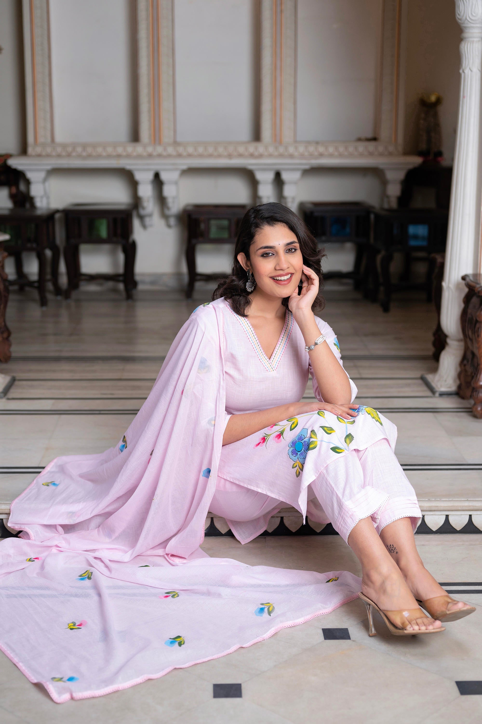 Baby Pink Hand-Painted Floral Kurta with Cotton Slub Palazzo & Cotton Voile Dupatta