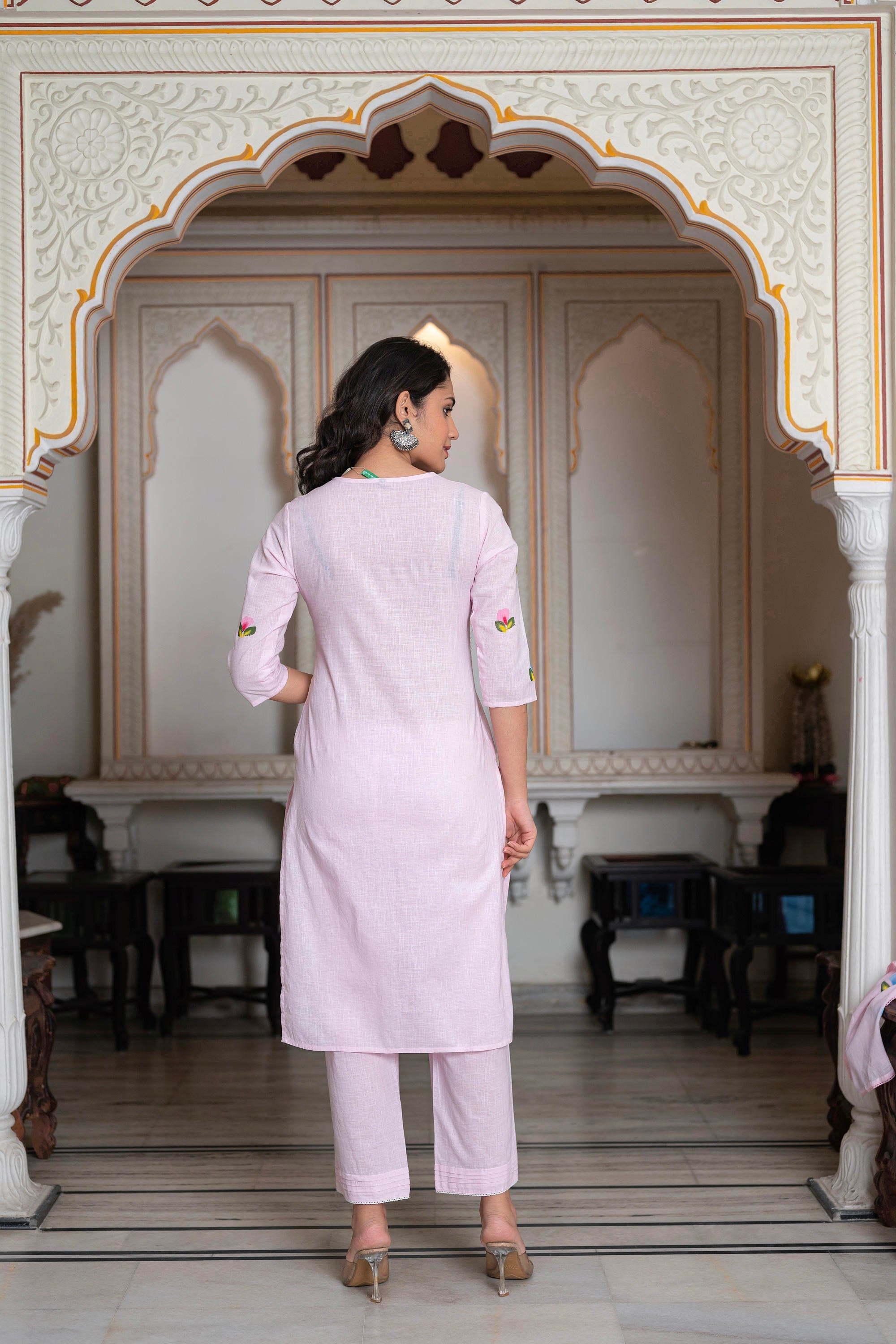 Baby Pink Hand-Painted Floral Kurta with Cotton Slub Palazzo & Cotton Voile Dupatta