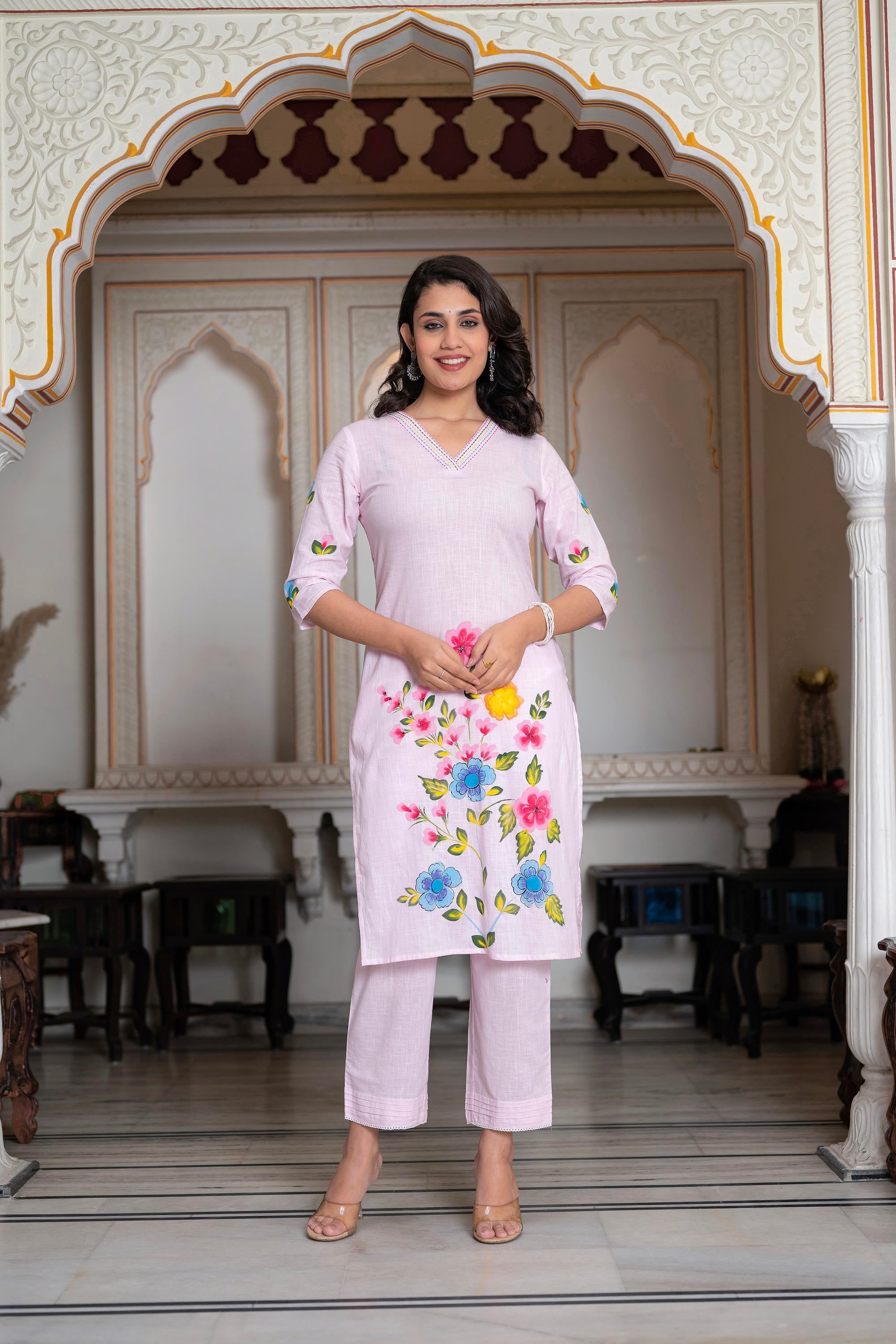 Baby Pink Hand-Painted Floral Kurta with Cotton Slub Palazzo & Cotton Voile Dupatta