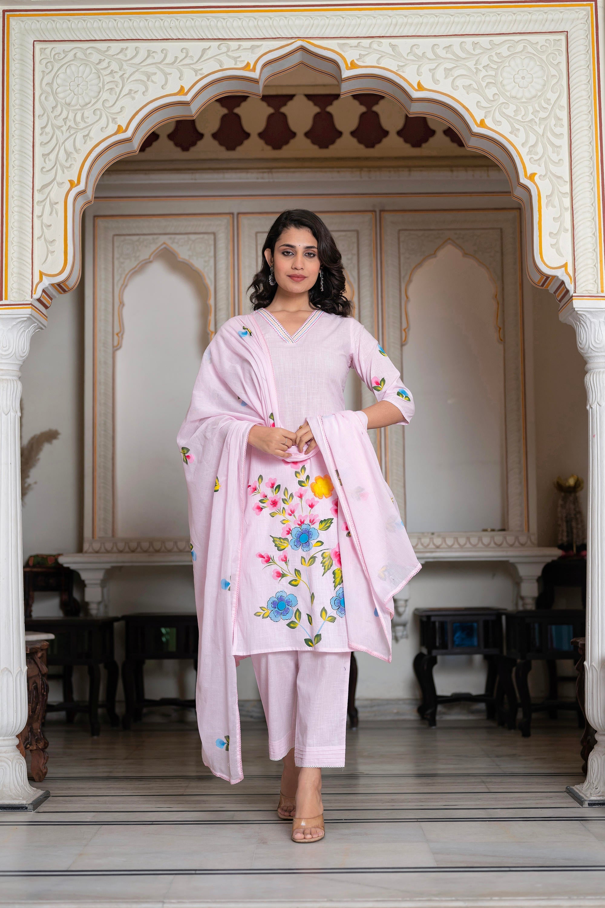 Baby Pink Hand-Painted Floral Kurta with Cotton Slub Palazzo & Cotton Voile Dupatta