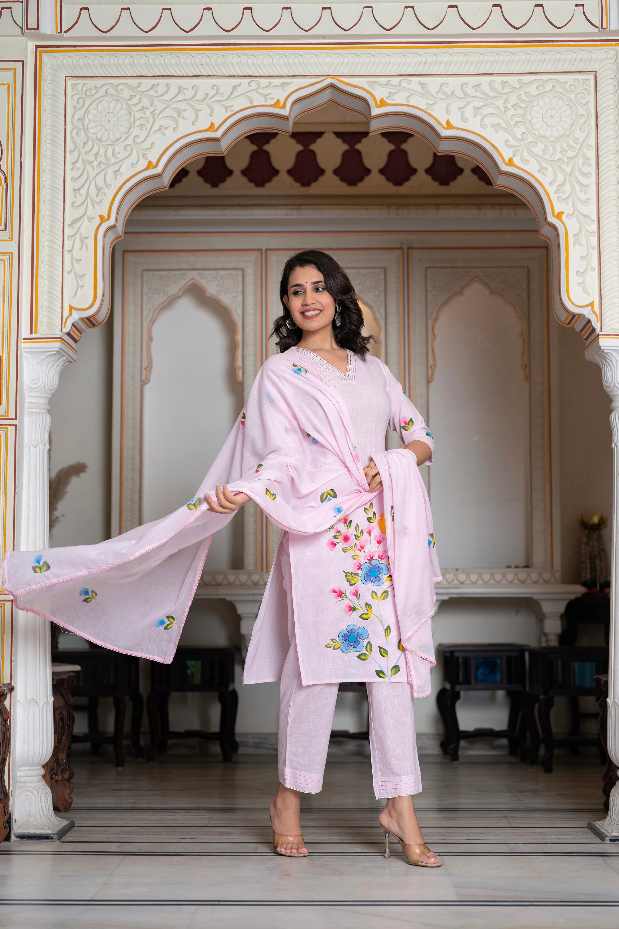 Baby Pink Hand-Painted Floral Kurta with Cotton Slub Palazzo & Cotton Voile Dupatta