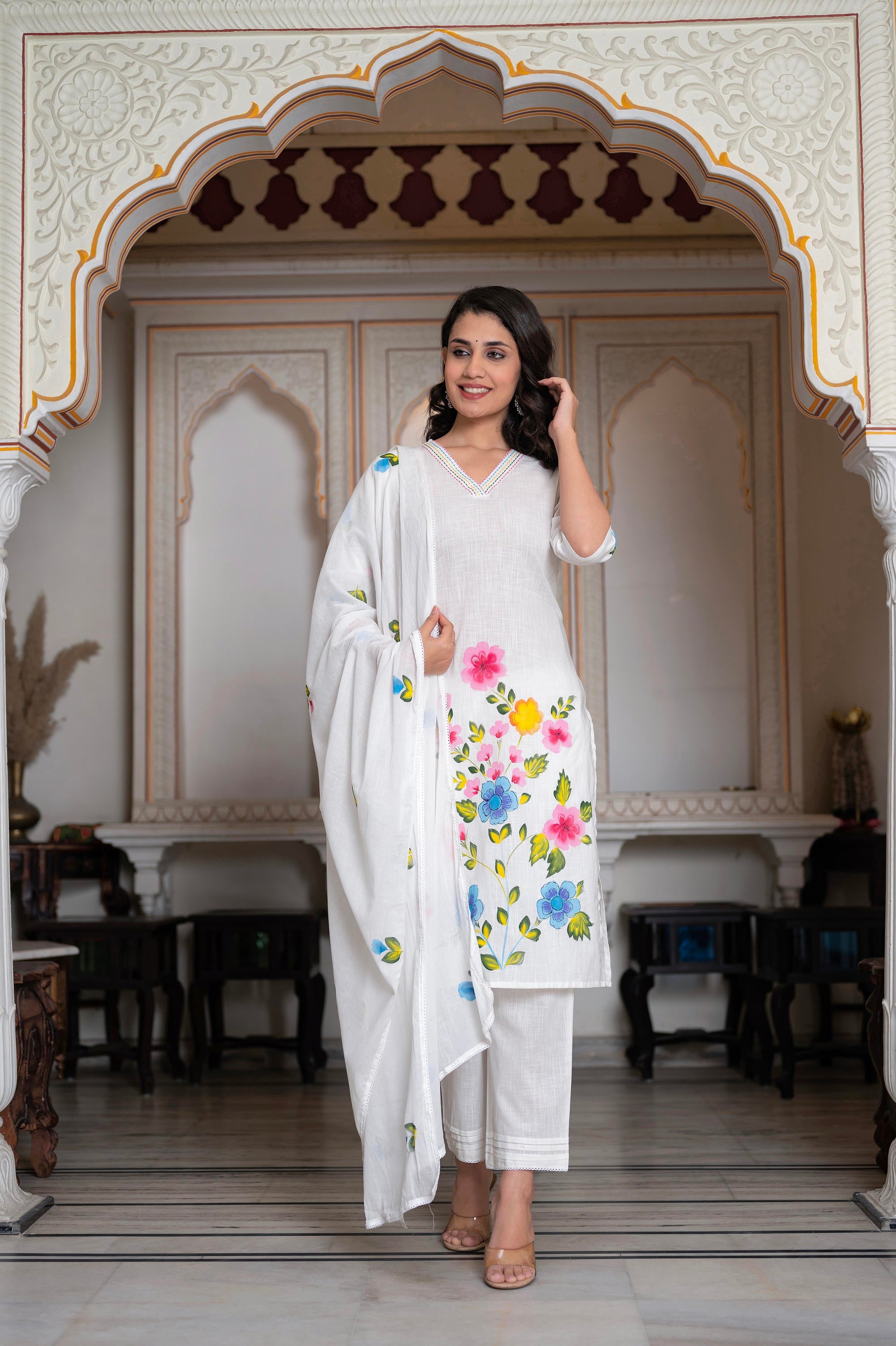 White Hand-Painted Floral Cotton Kurta with Palazzo & Lace Details