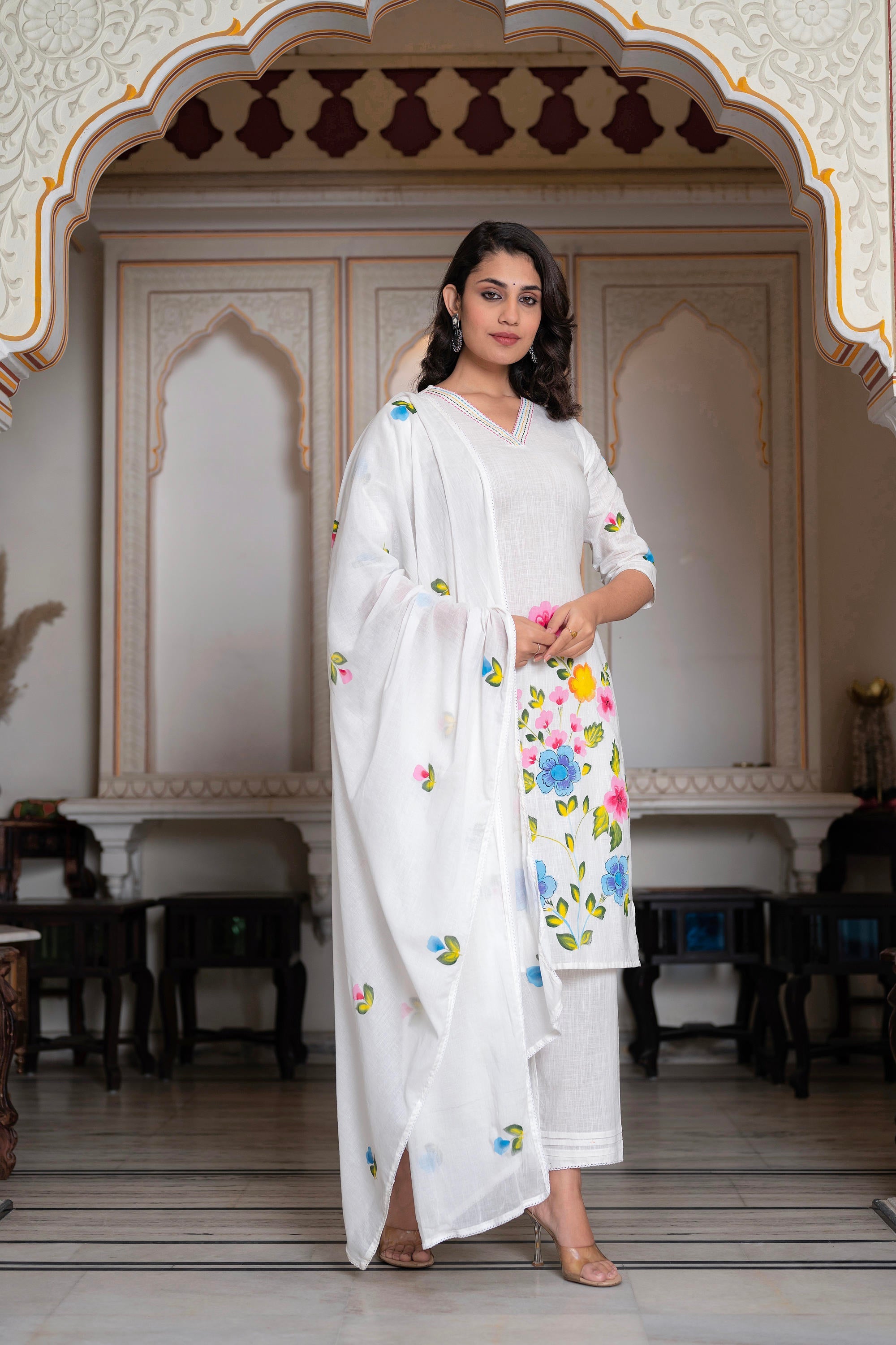 White Hand-Painted Floral Cotton Kurta with Palazzo & Lace Details