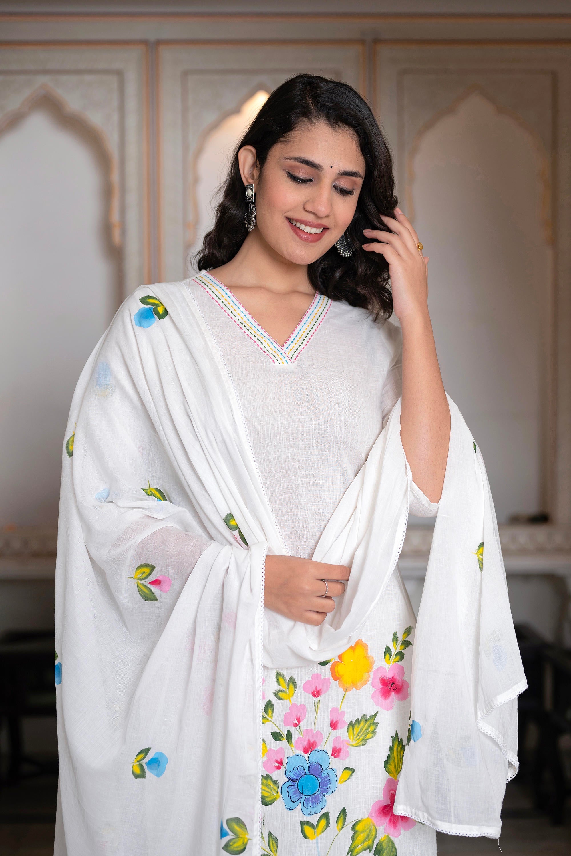 White Hand-Painted Floral Cotton Kurta with Palazzo & Lace Details