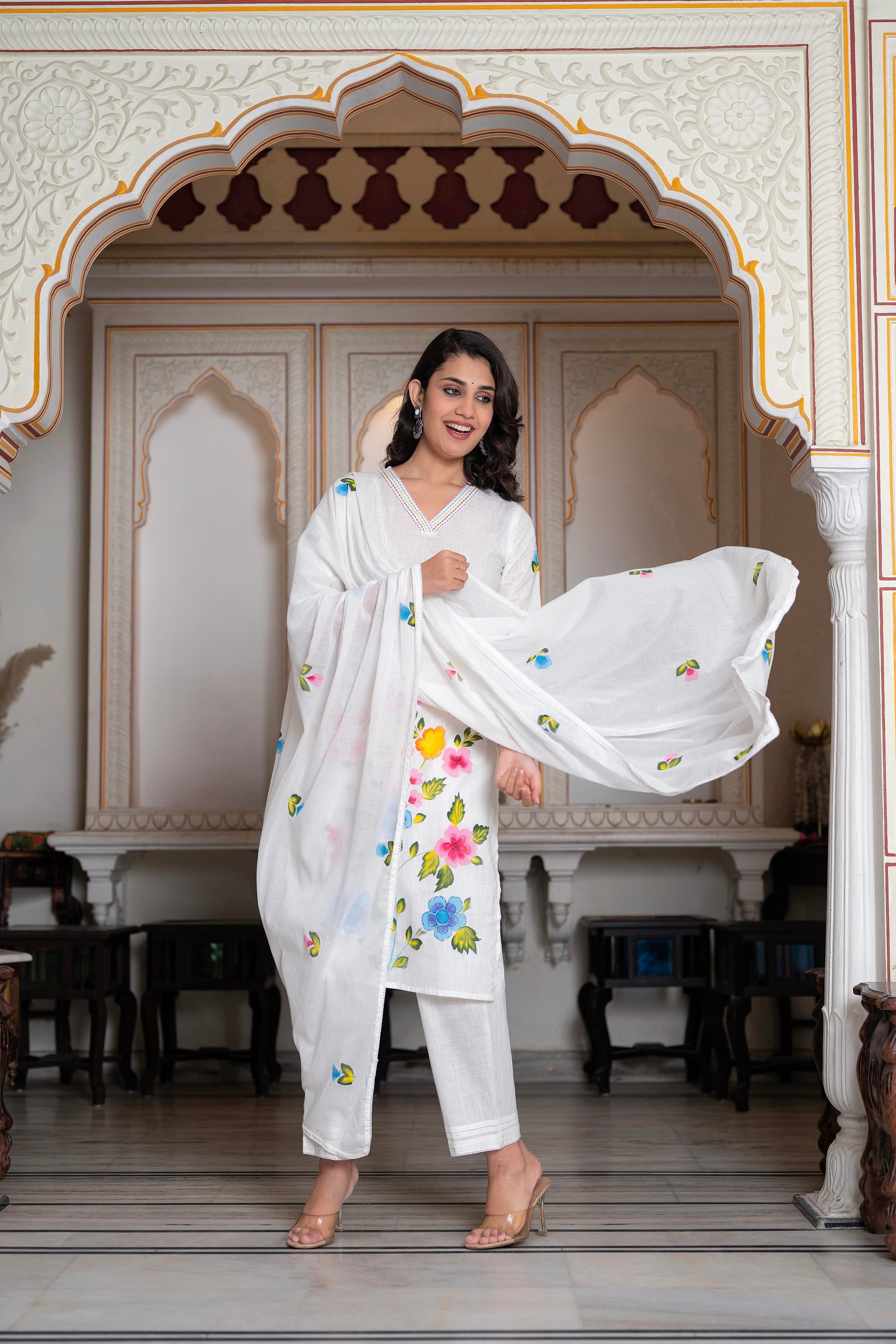 White Hand-Painted Floral Cotton Kurta with Palazzo & Lace Details