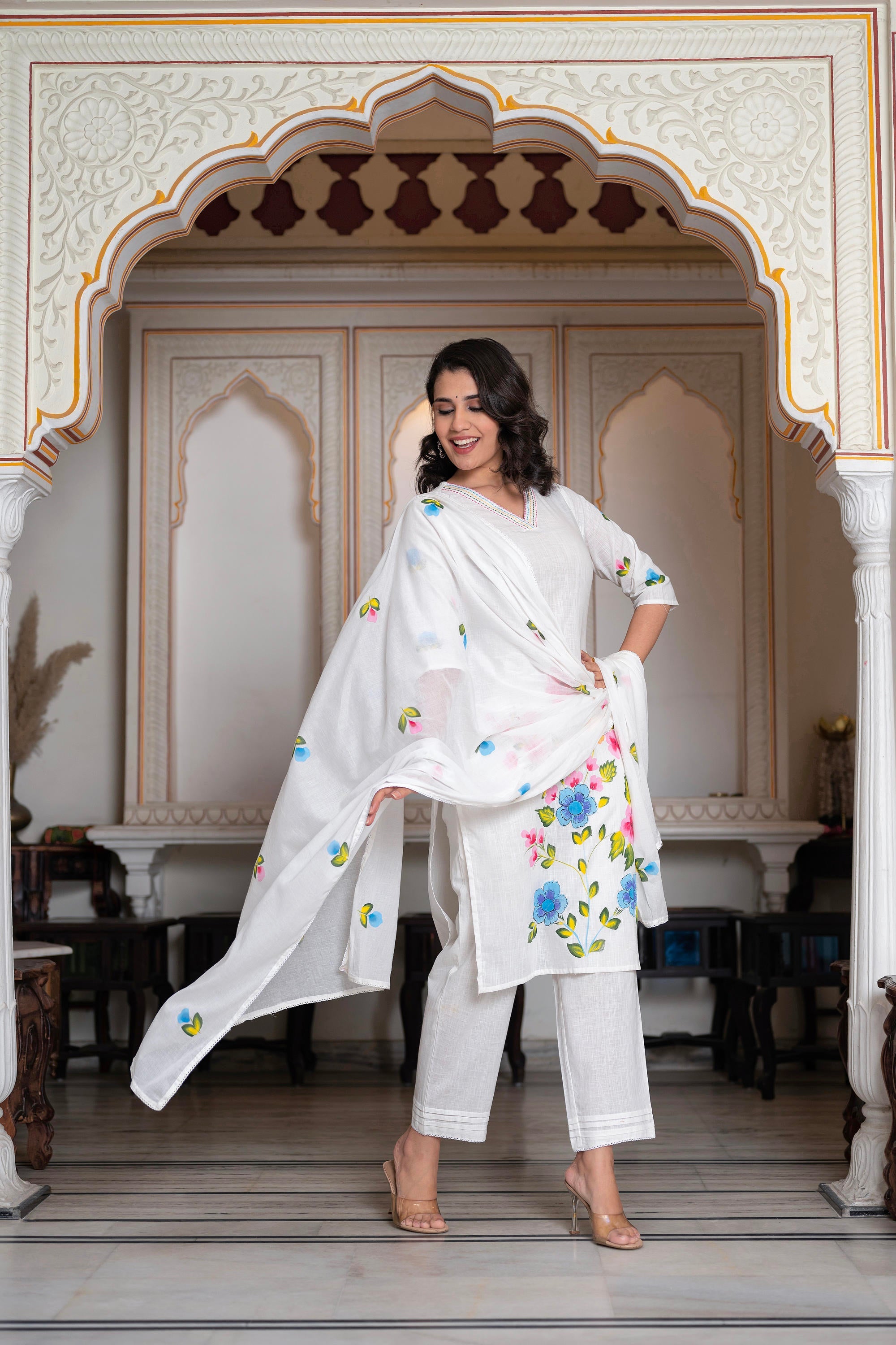 White Hand-Painted Floral Cotton Kurta with Palazzo & Lace Details