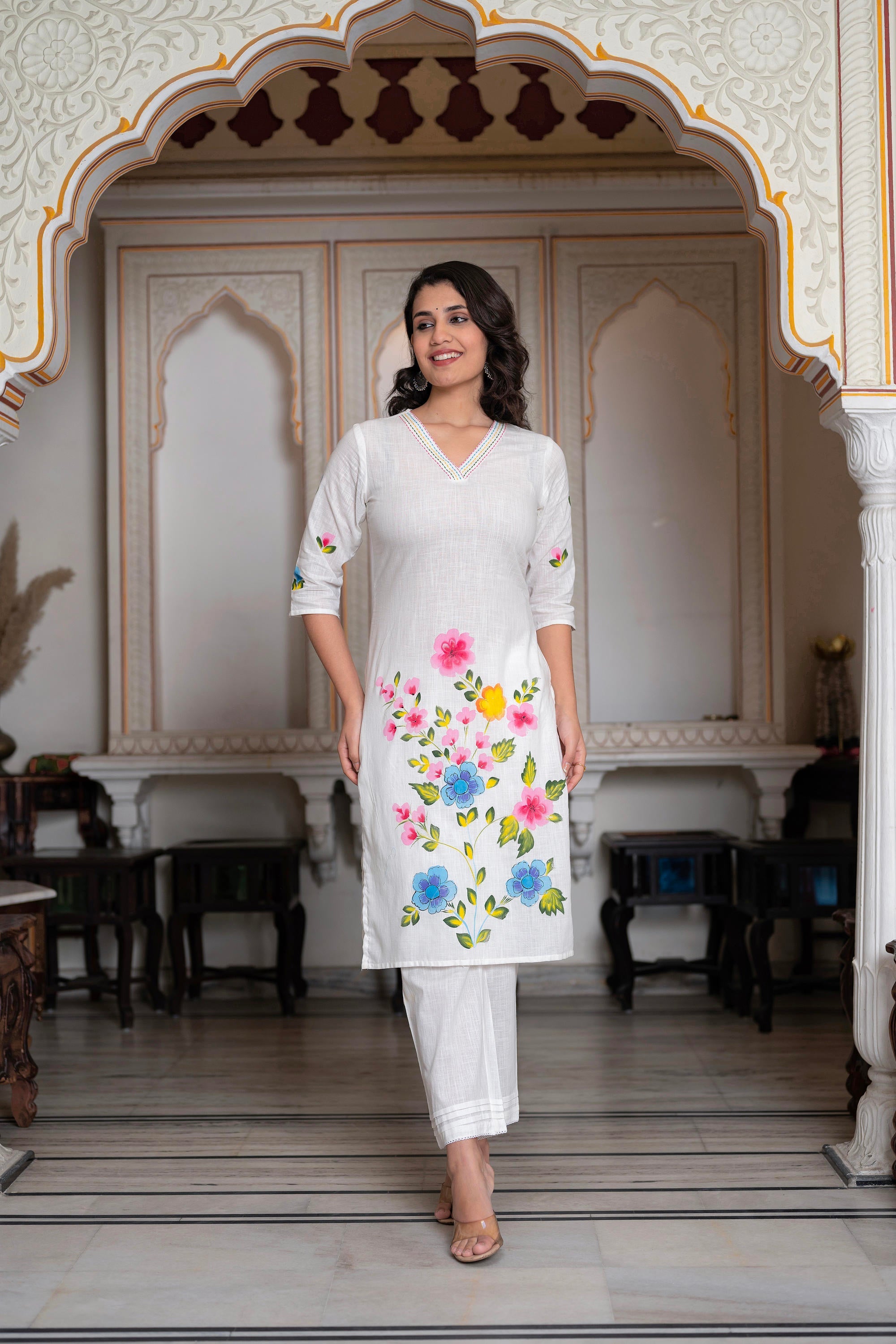 White Hand-Painted Floral Cotton Kurta with Palazzo & Lace Details