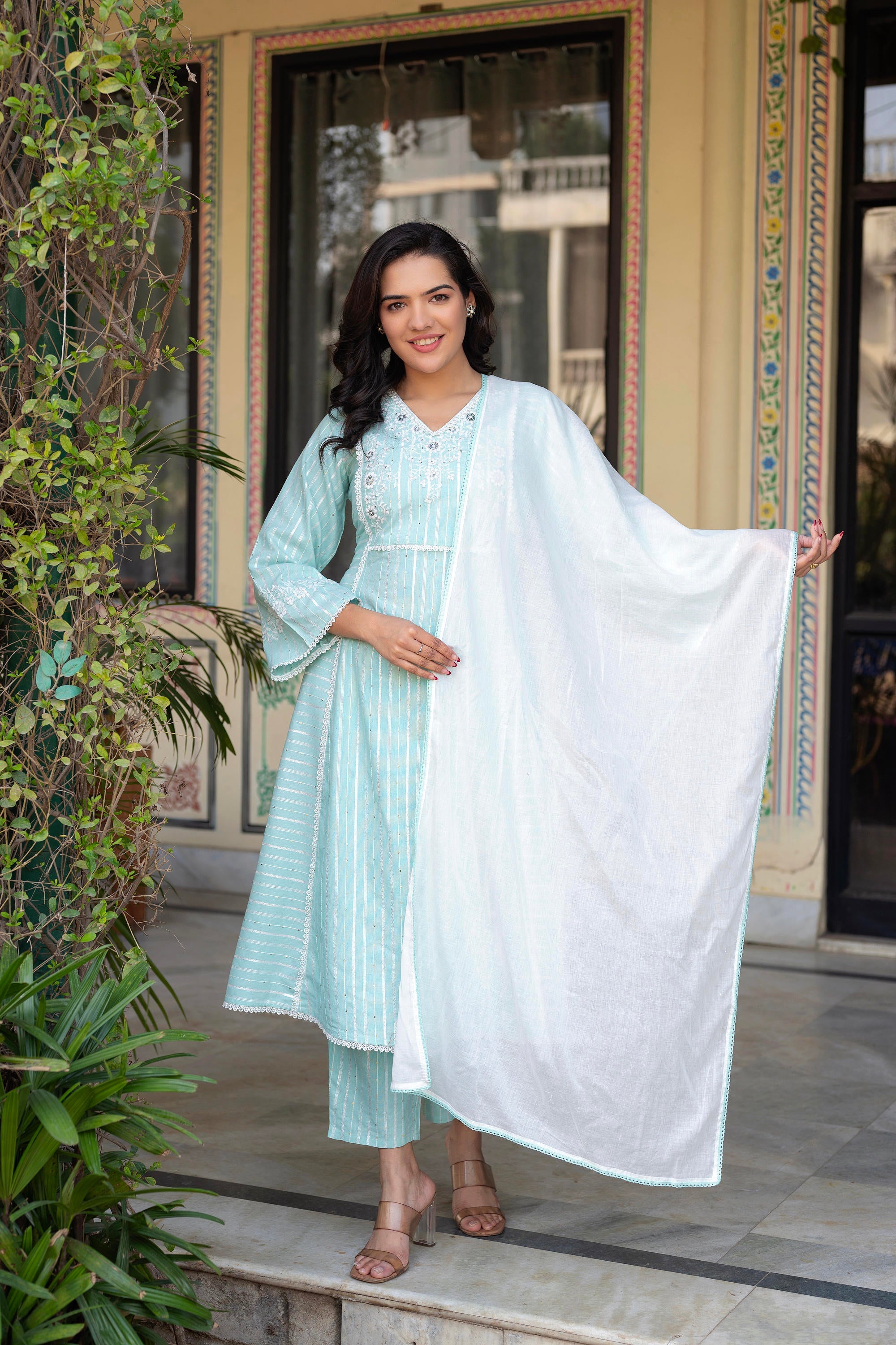 Mint Brocade Embroidered Kurta-Palazzo & Dupatta Set with Cotton Lace & Sequins