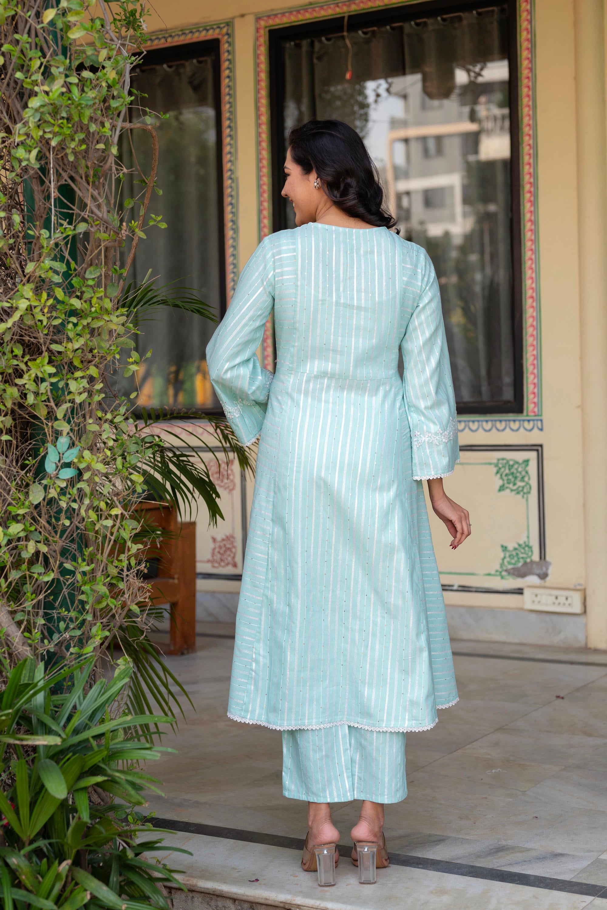 Mint Brocade Embroidered Kurta-Palazzo & Dupatta Set with Cotton Lace & Sequins