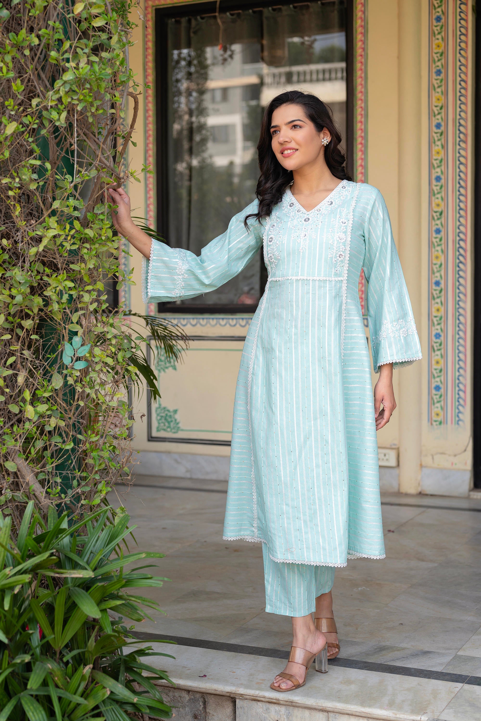 Mint Brocade Embroidered Kurta-Palazzo & Dupatta Set with Cotton Lace & Sequins