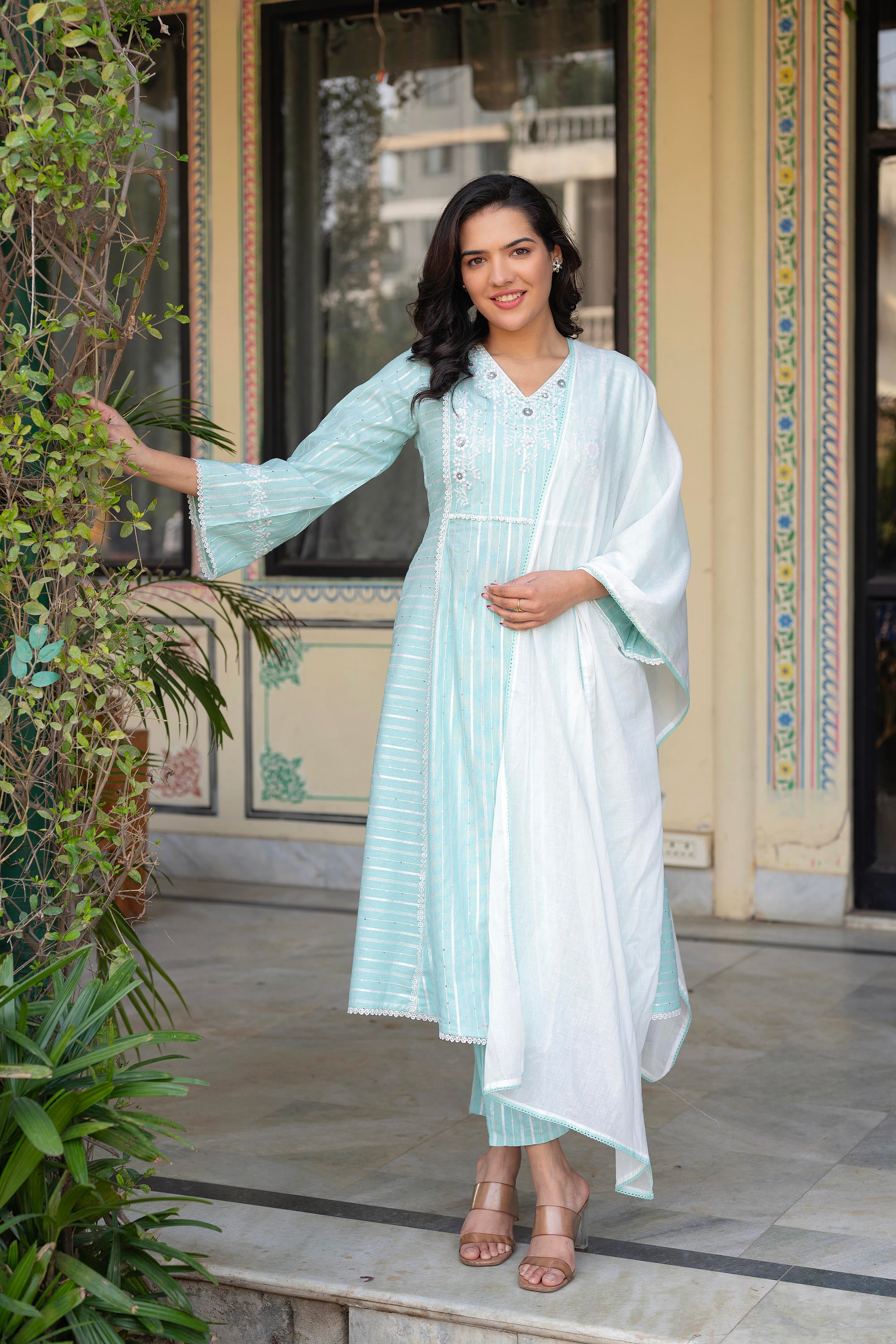 Mint Brocade Embroidered Kurta-Palazzo & Dupatta Set with Cotton Lace & Sequins