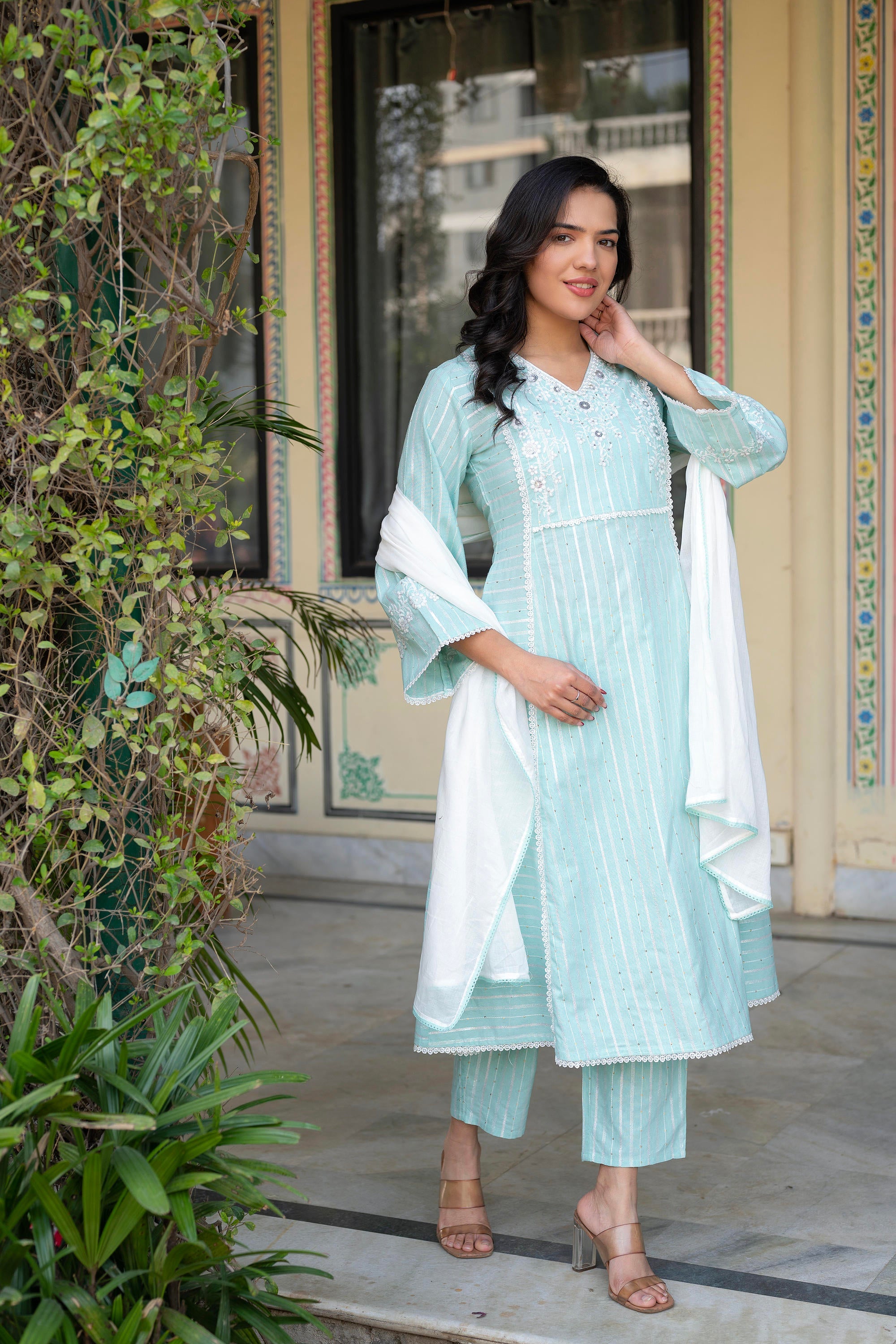 Mint Brocade Embroidered Kurta-Palazzo & Dupatta Set with Cotton Lace & Sequins