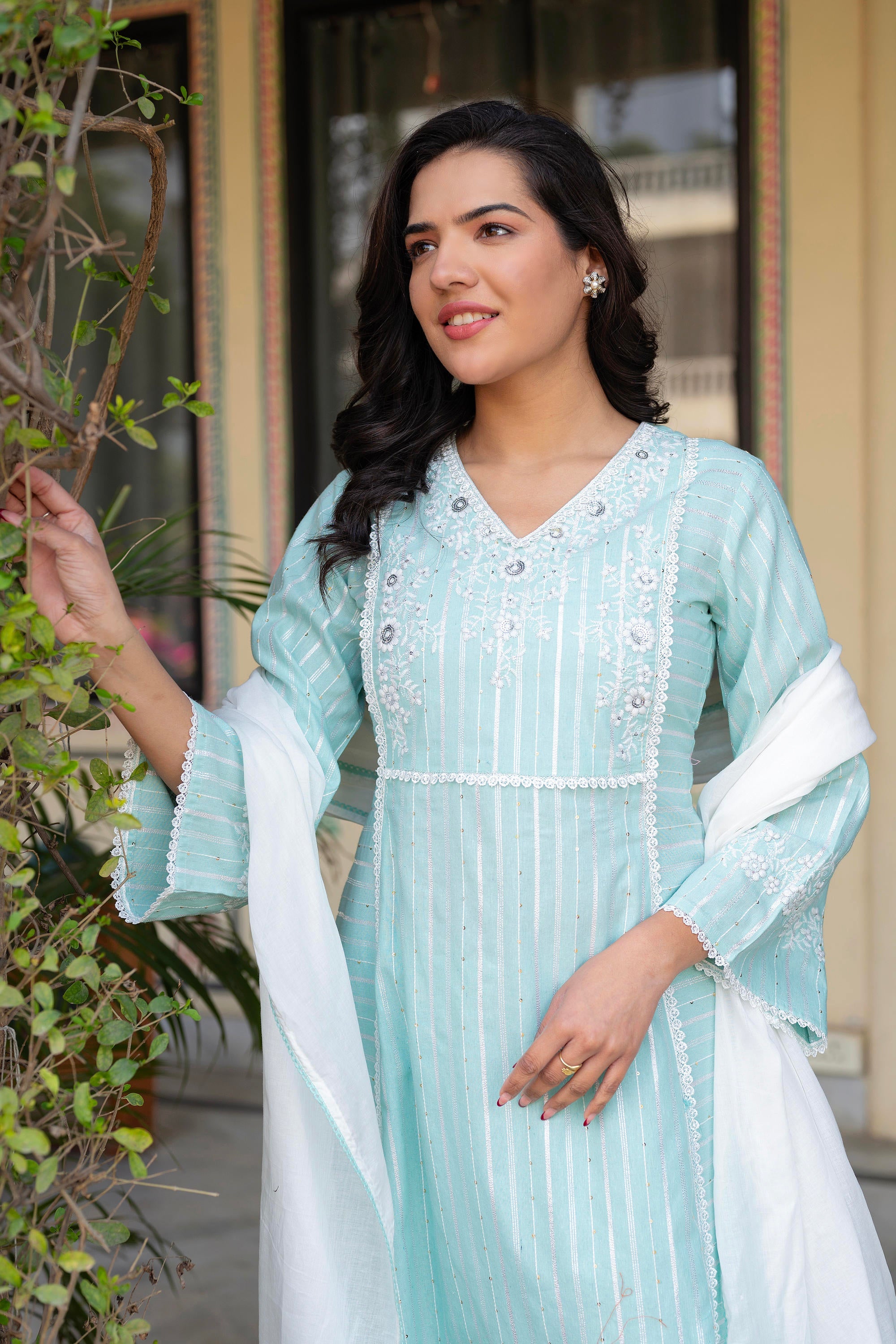 Mint Brocade Embroidered Kurta-Palazzo & Dupatta Set with Cotton Lace & Sequins