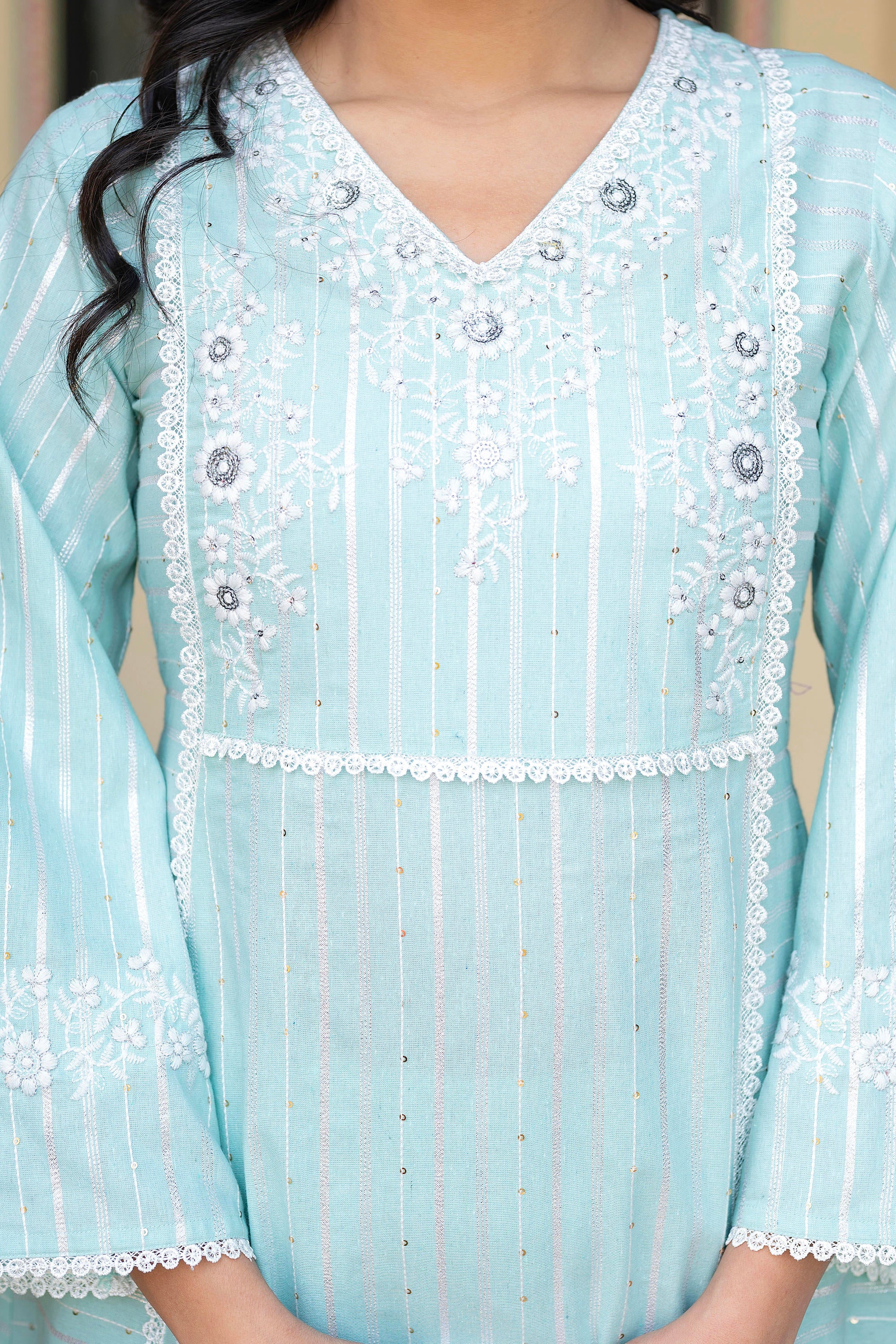 Mint Brocade Embroidered Kurta-Palazzo & Dupatta Set with Cotton Lace & Sequins
