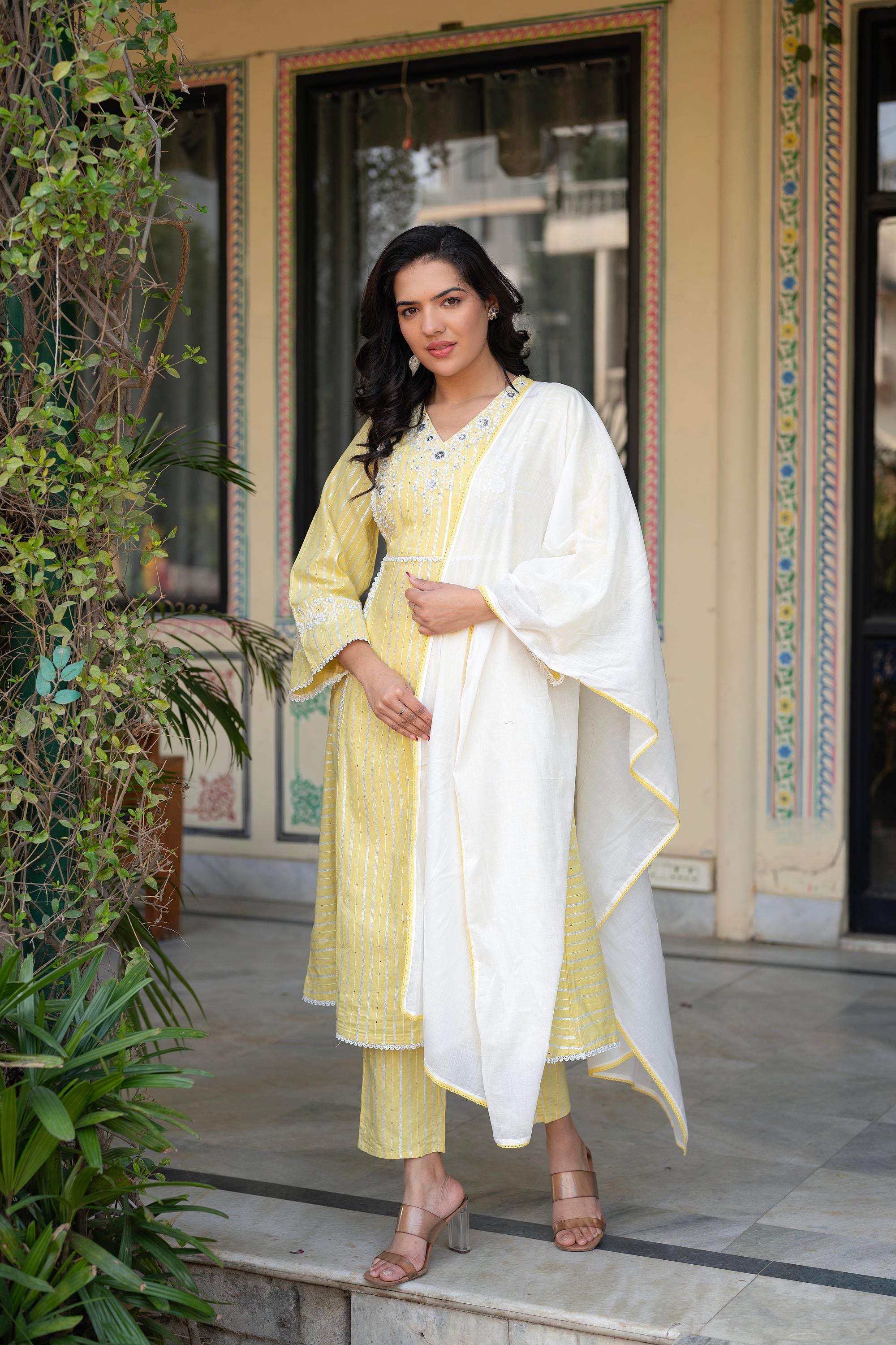 Mustard Brocade Embroidered Kurta-Palazzo & Dupatta Set with Thread Work, Cotton Lace & Sequins