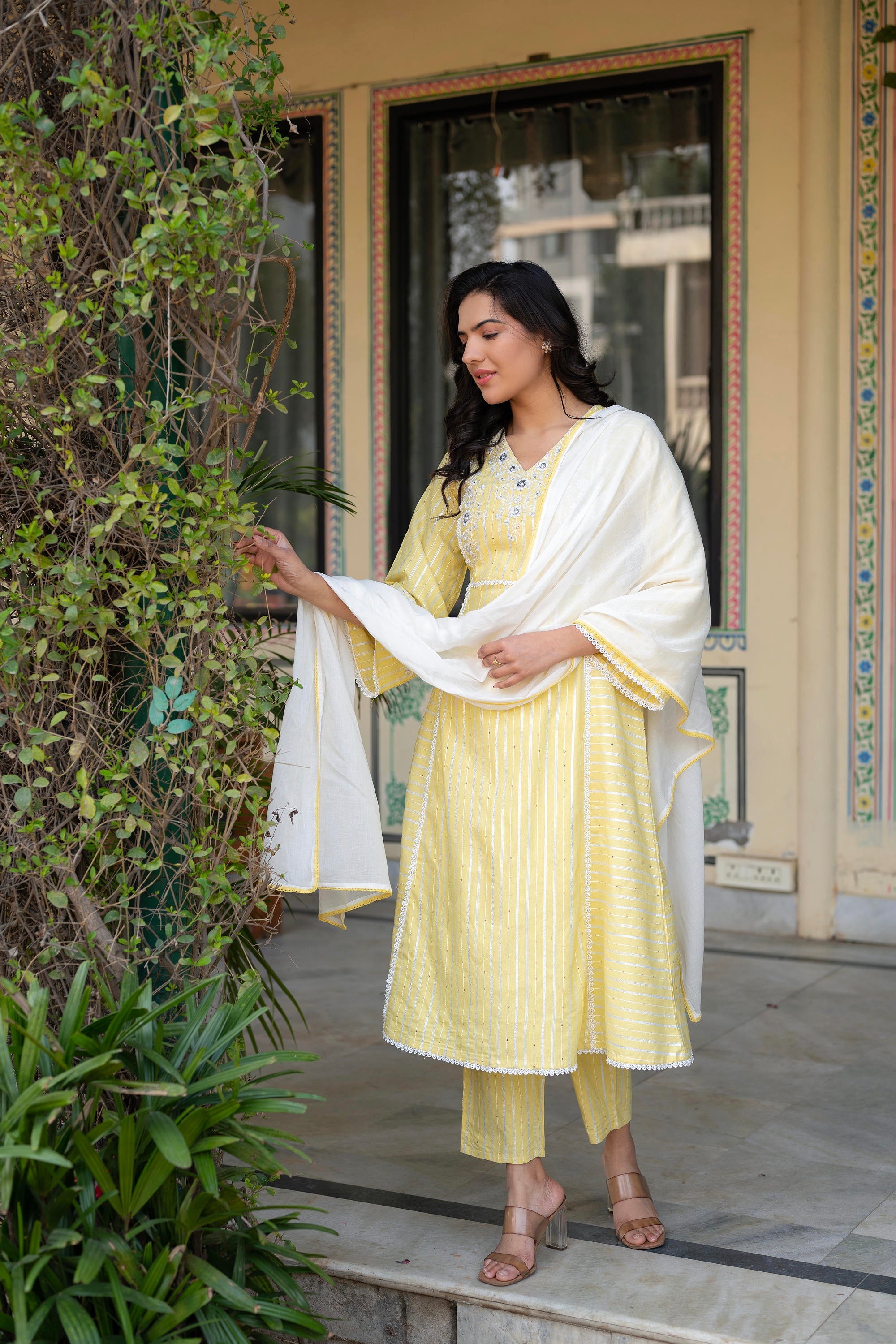 Mustard Brocade Embroidered Kurta-Palazzo & Dupatta Set with Thread Work, Cotton Lace & Sequins