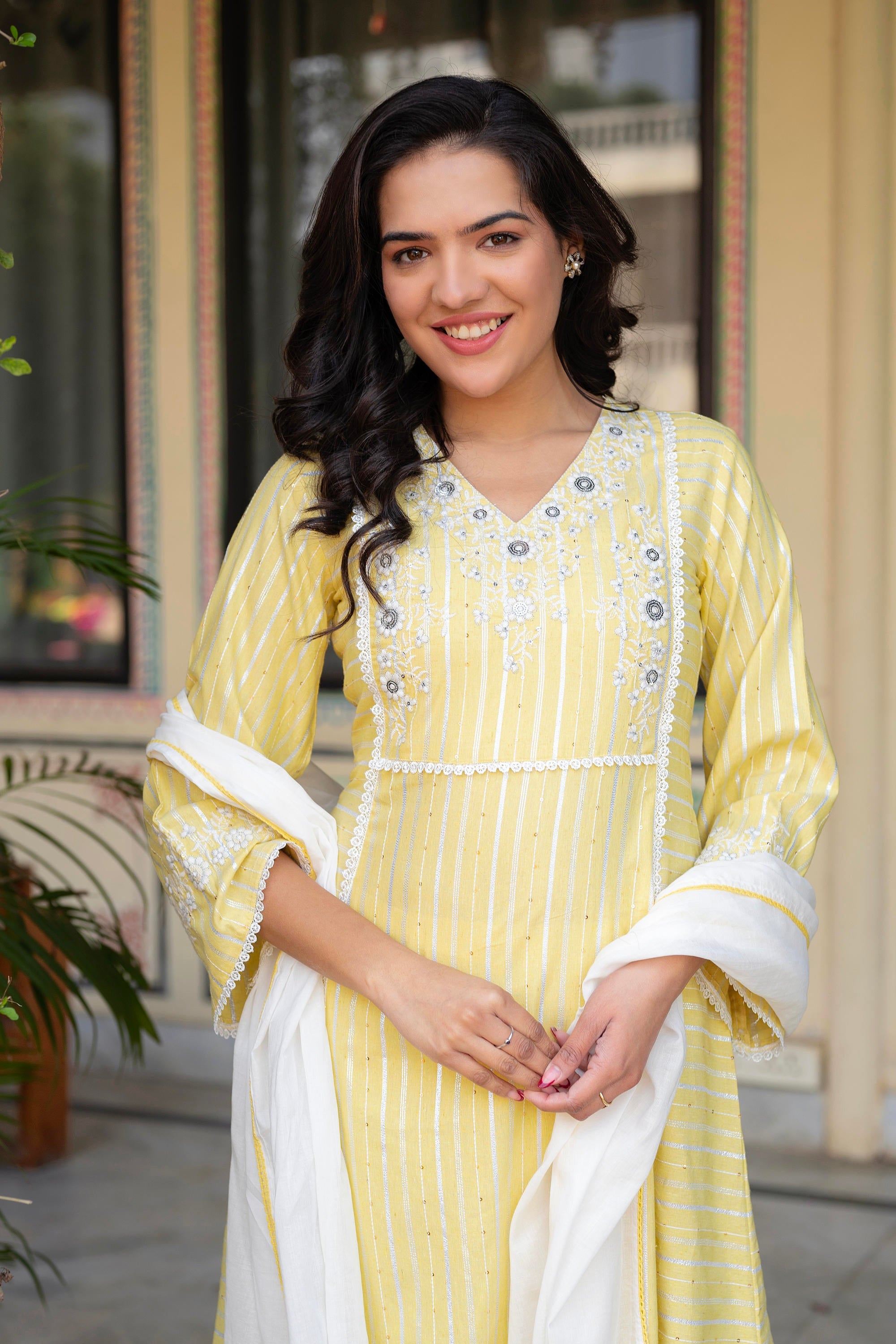 Mustard Brocade Embroidered Kurta-Palazzo & Dupatta Set with Thread Work, Cotton Lace & Sequins