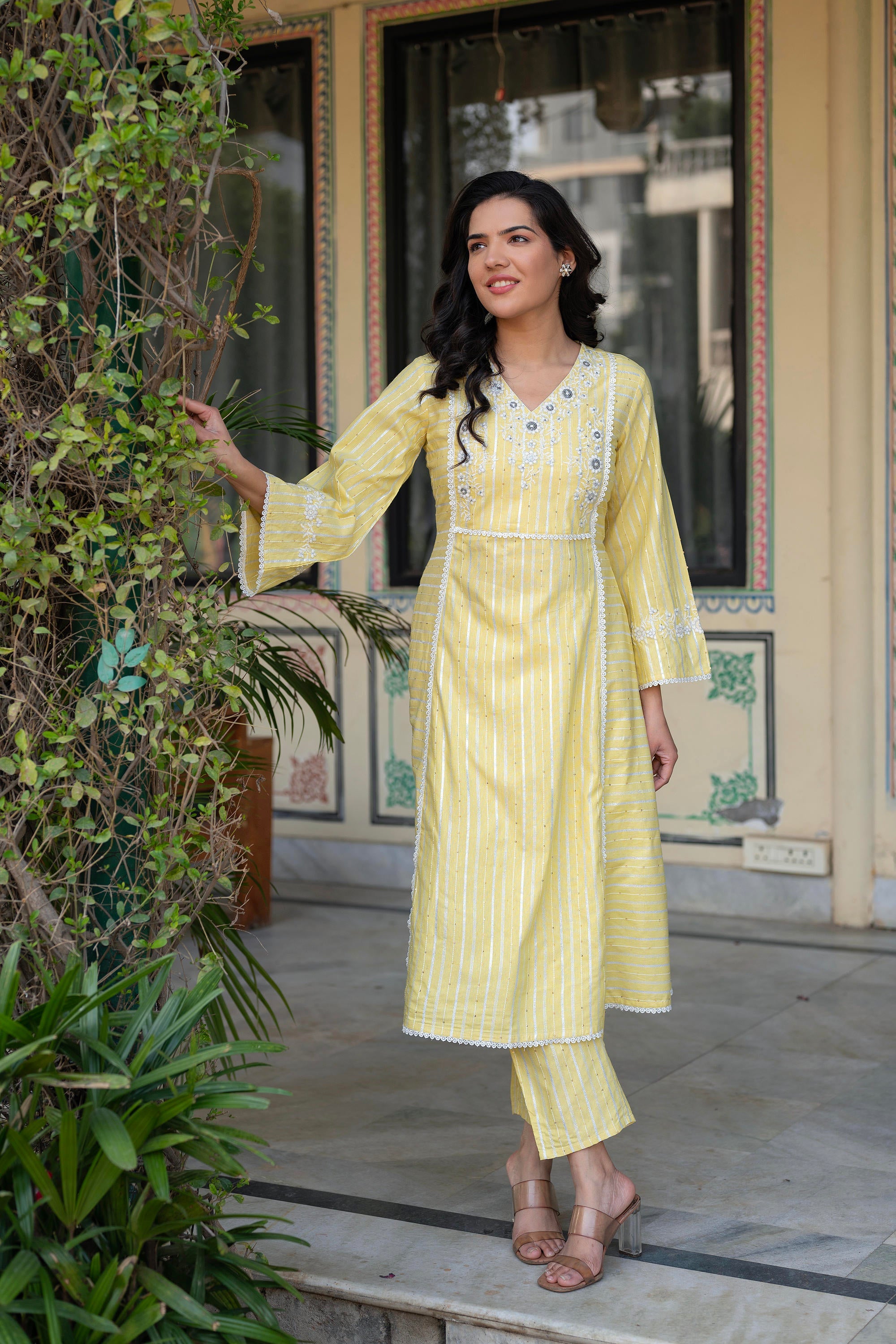 Mustard Brocade Embroidered Kurta-Palazzo & Dupatta Set with Thread Work, Cotton Lace & Sequins
