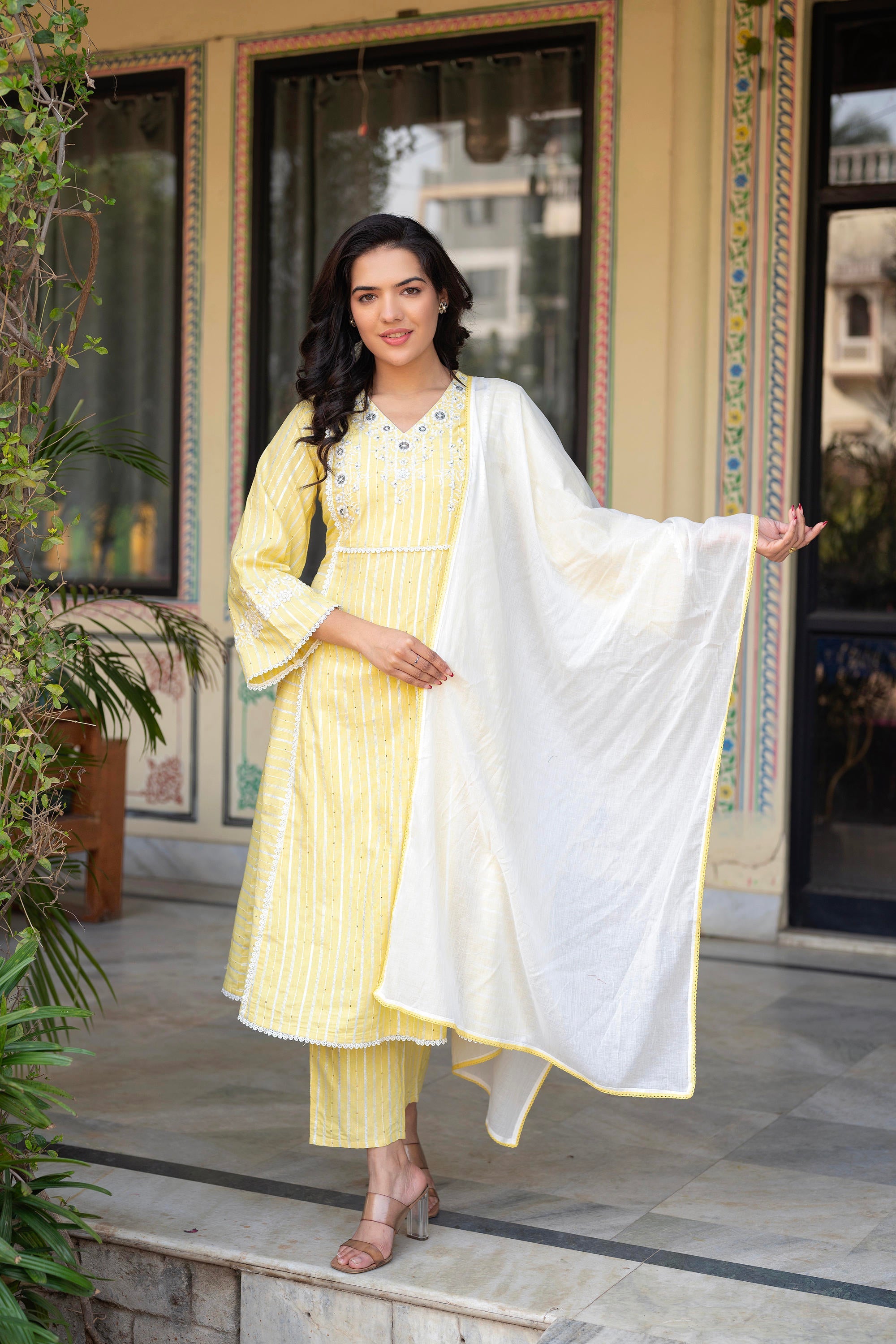 Mustard Brocade Embroidered Kurta-Palazzo & Dupatta Set with Thread Work, Cotton Lace & Sequins