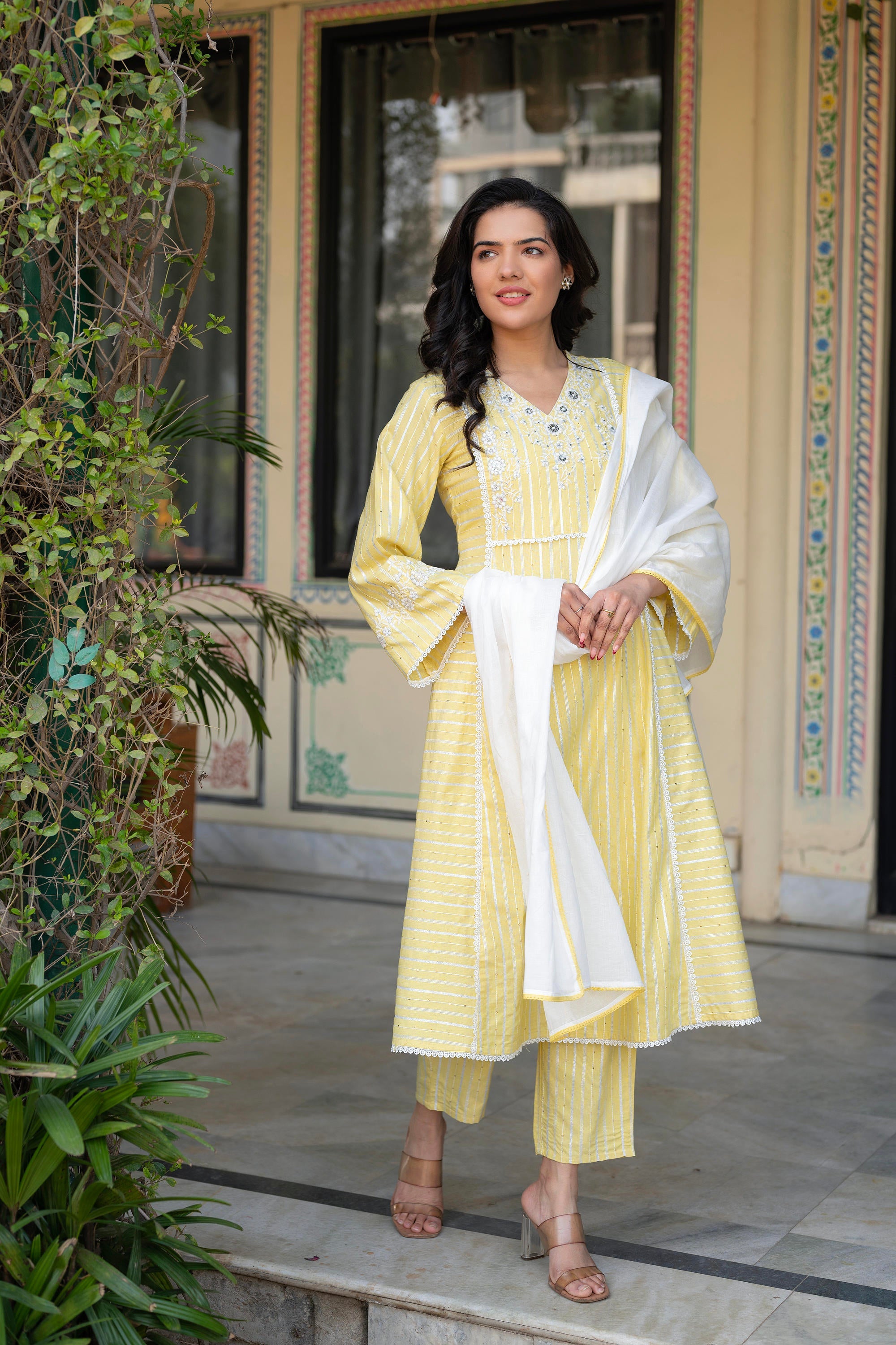 Mustard Brocade Embroidered Kurta-Palazzo & Dupatta Set with Thread Work, Cotton Lace & Sequins