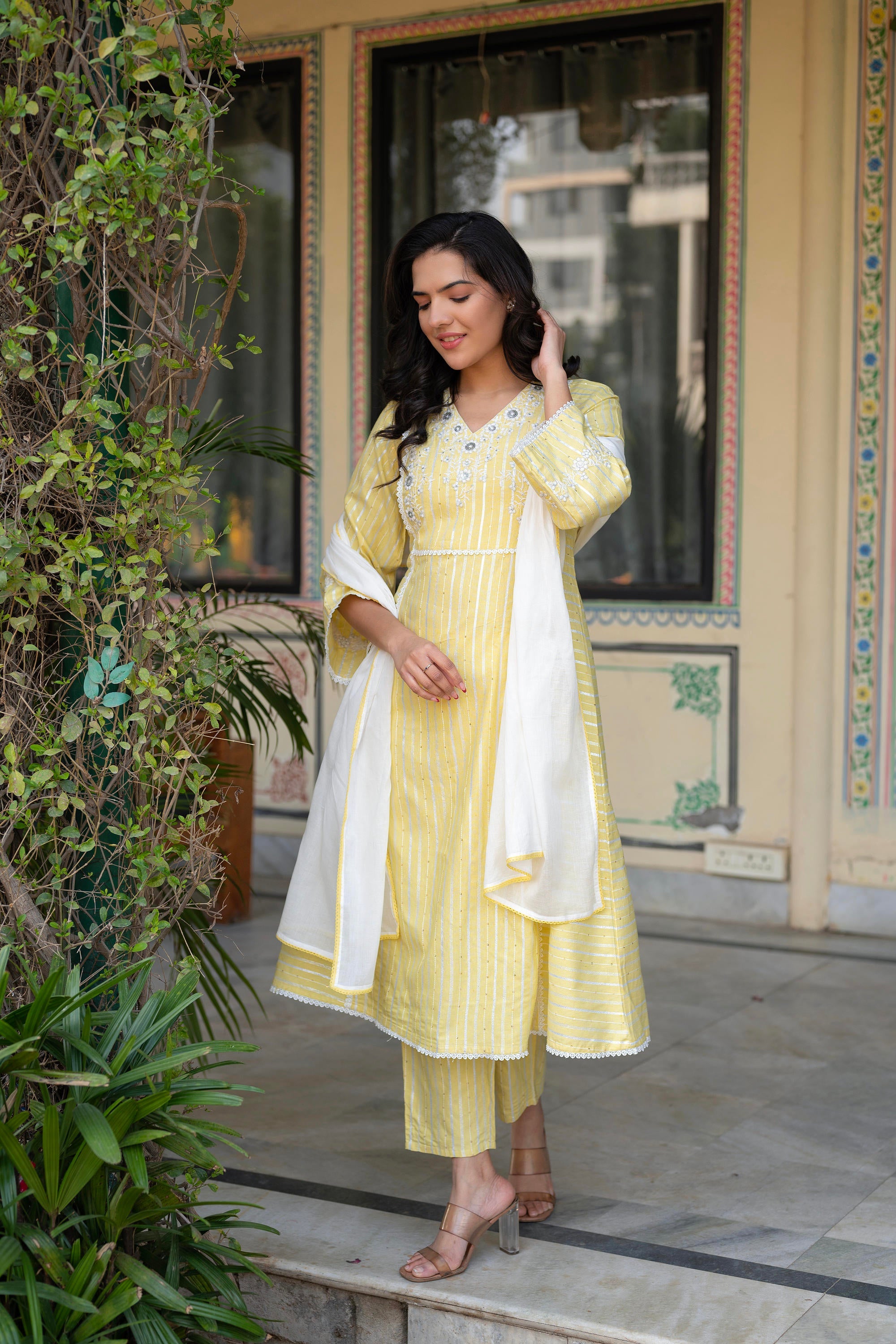 Mustard Brocade Embroidered Kurta-Palazzo & Dupatta Set with Thread Work, Cotton Lace & Sequins