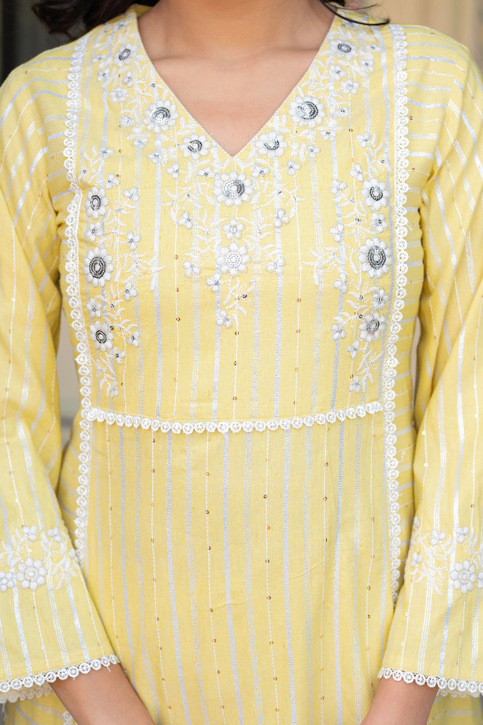 Mustard Brocade Embroidered Kurta-Palazzo & Dupatta Set with Thread Work, Cotton Lace & Sequins