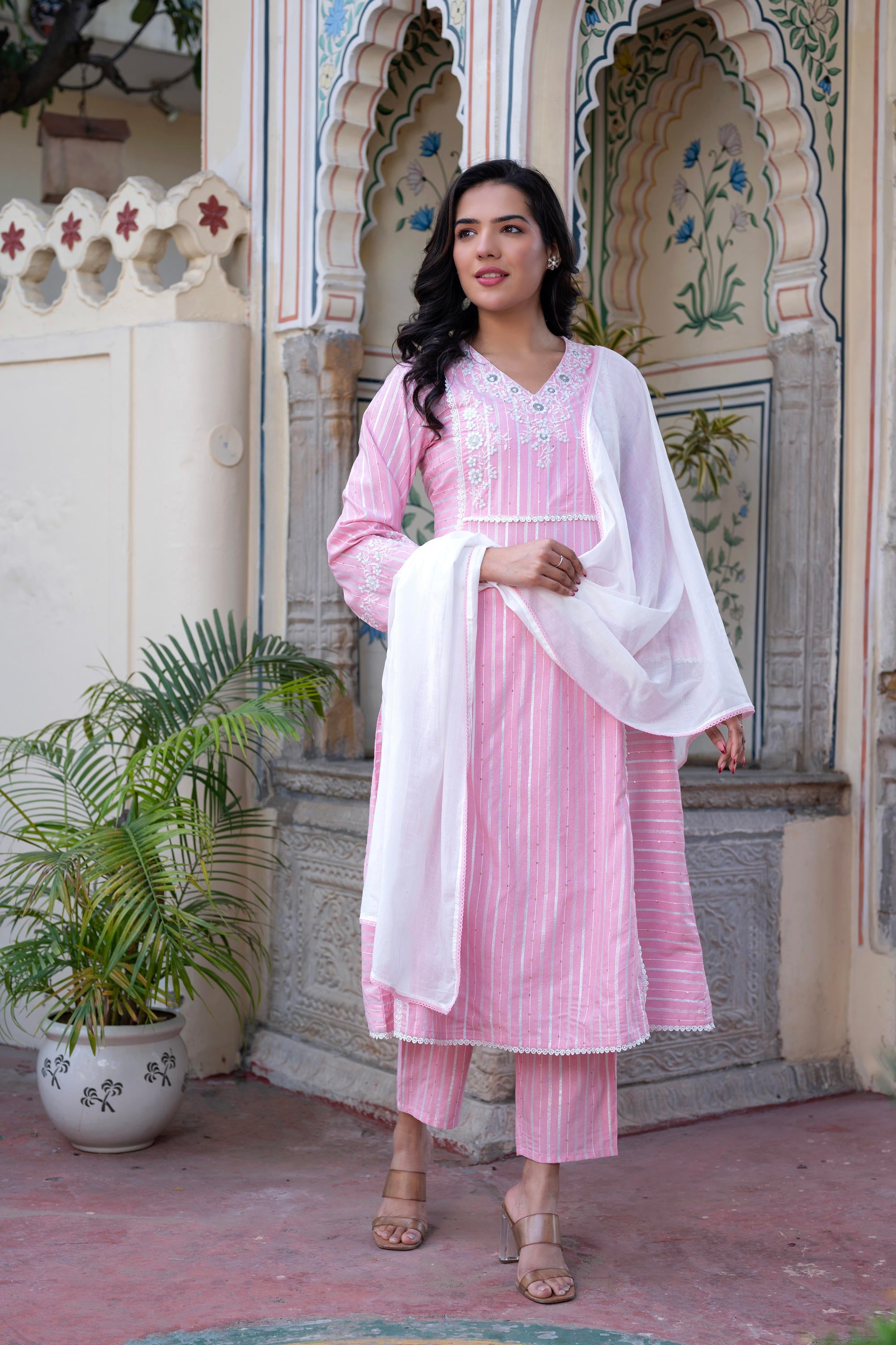 Pink Brocade Embroidered Kurta-Palazzo & Dupatta Set with Thread Work, Cotton Lace & Sequins