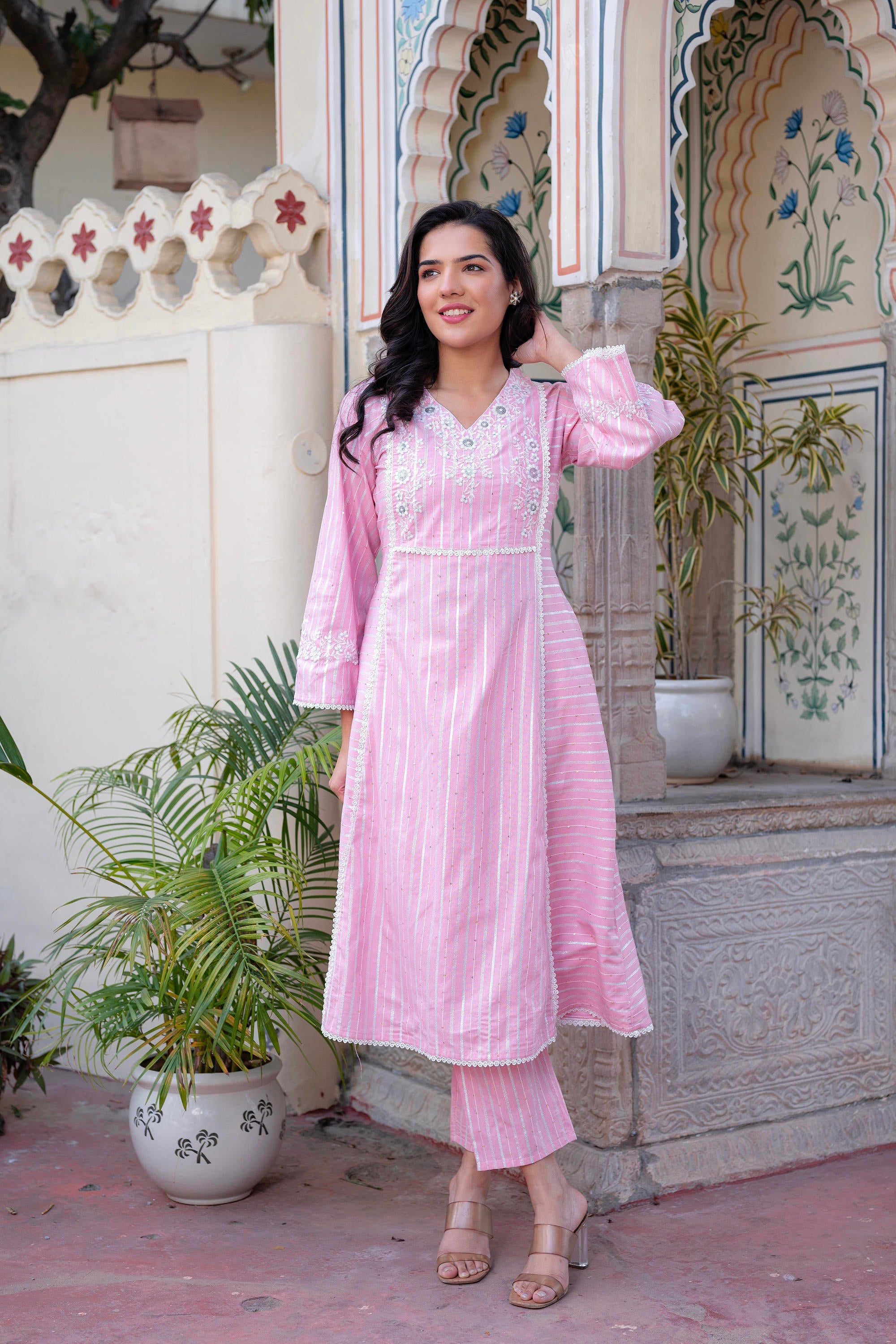 Pink Brocade Embroidered Kurta-Palazzo & Dupatta Set with Thread Work, Cotton Lace & Sequins