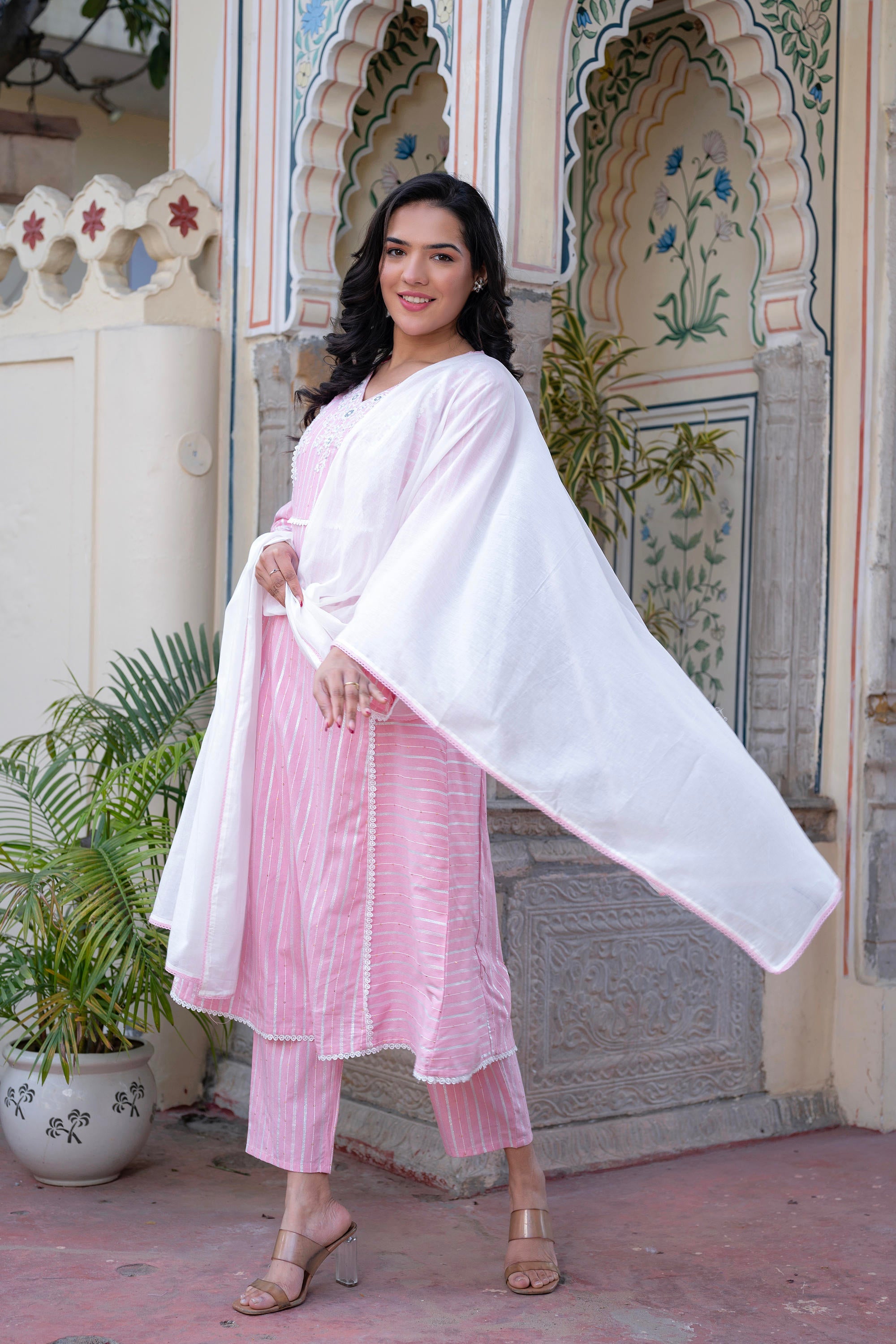 Pink Brocade Embroidered Kurta-Palazzo & Dupatta Set with Thread Work, Cotton Lace & Sequins