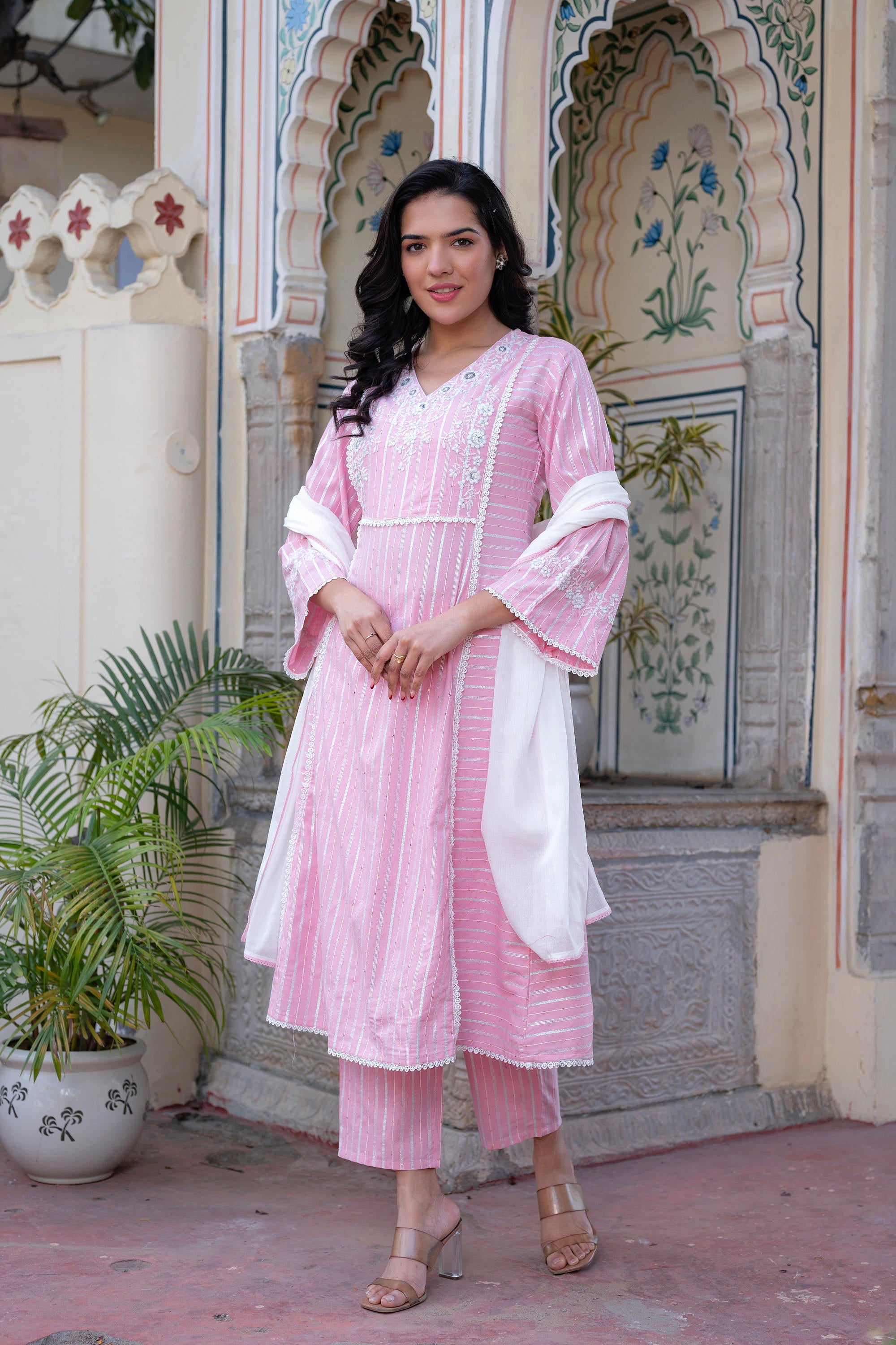 Pink Brocade Embroidered Kurta-Palazzo & Dupatta Set with Thread Work, Cotton Lace & Sequins