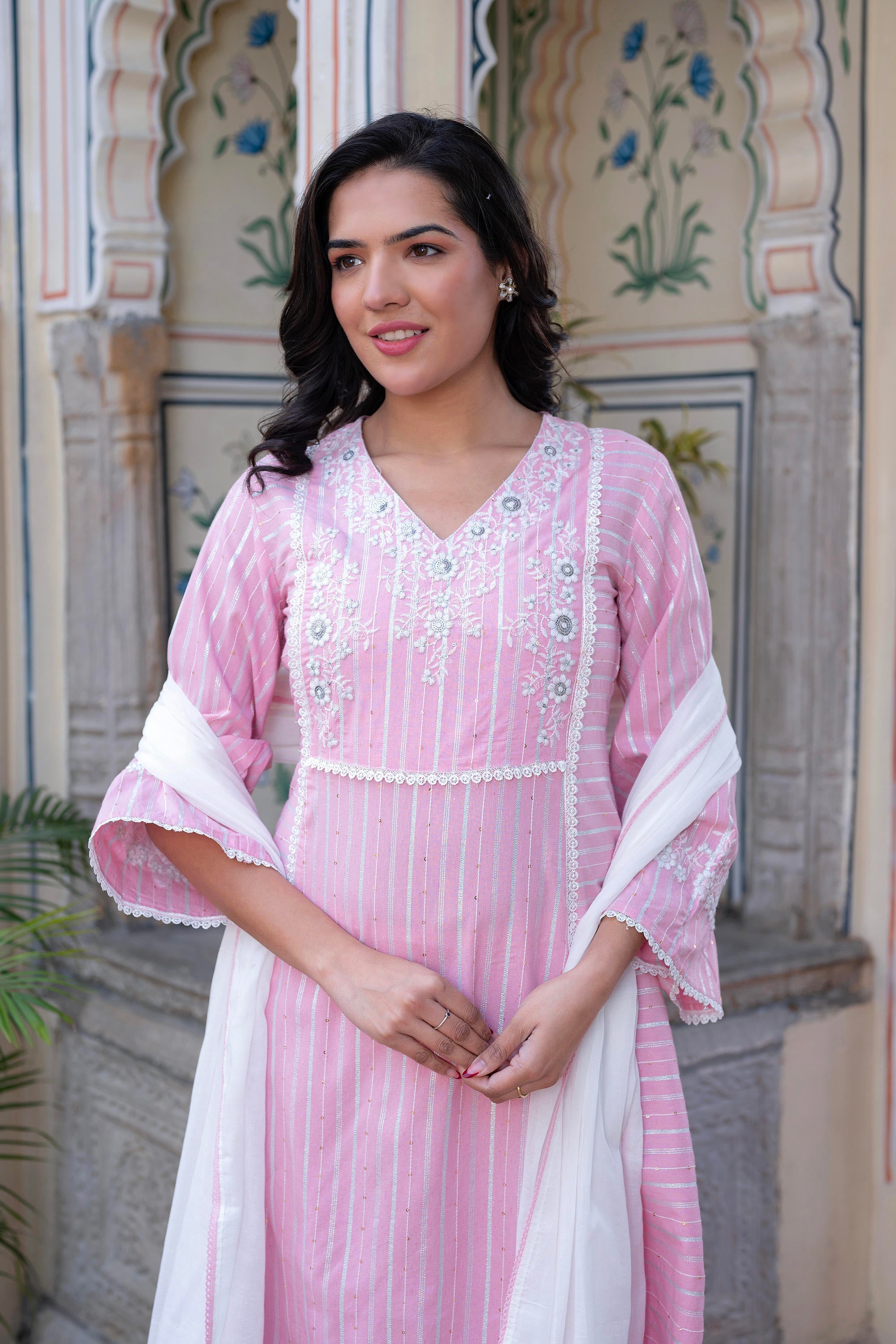 Pink Brocade Embroidered Kurta-Palazzo & Dupatta Set with Thread Work, Cotton Lace & Sequins