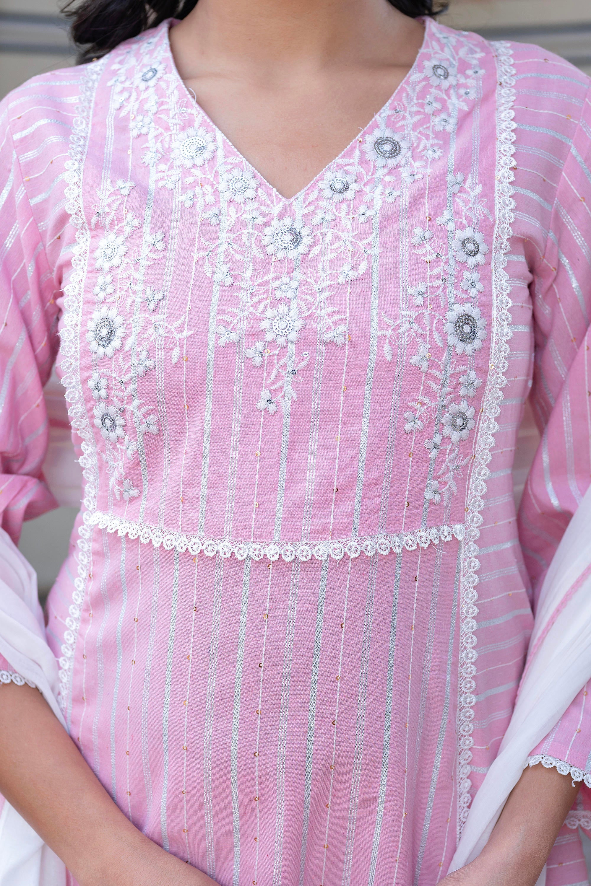 Pink Brocade Embroidered Kurta-Palazzo & Dupatta Set with Thread Work, Cotton Lace & Sequins