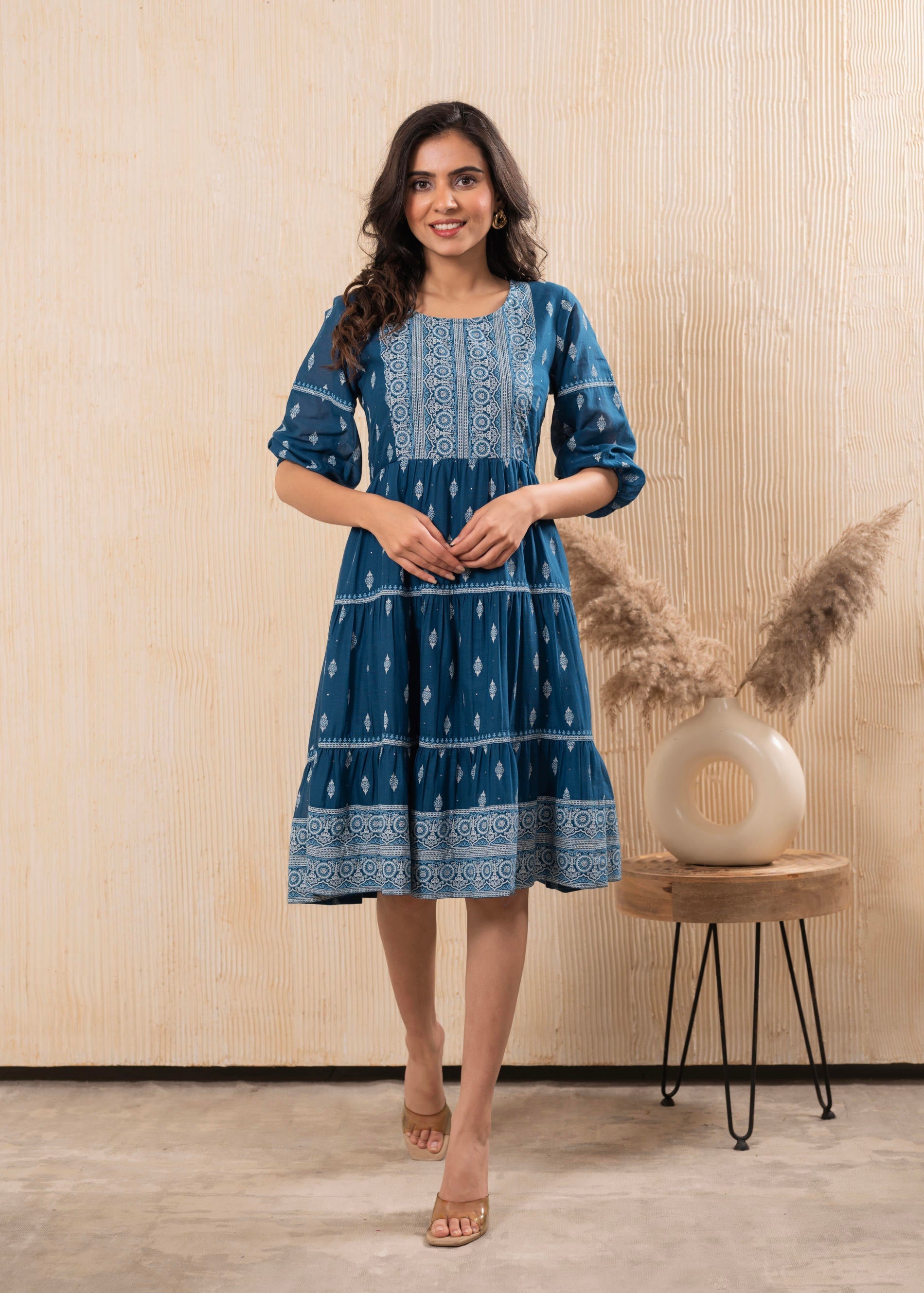 Indigo Blue Printed Boho Knee-Length Fit & Flare Dress