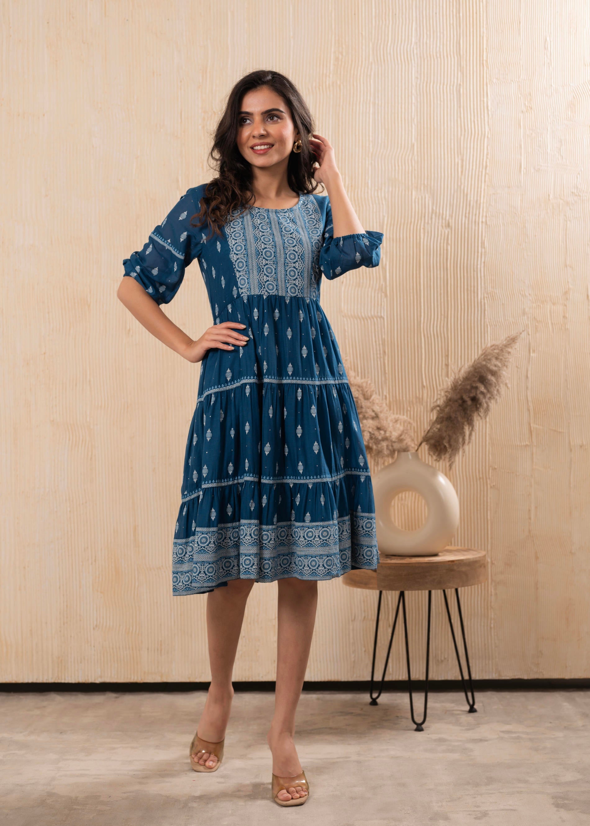 Indigo Blue Printed Boho Knee-Length Fit & Flare Dress