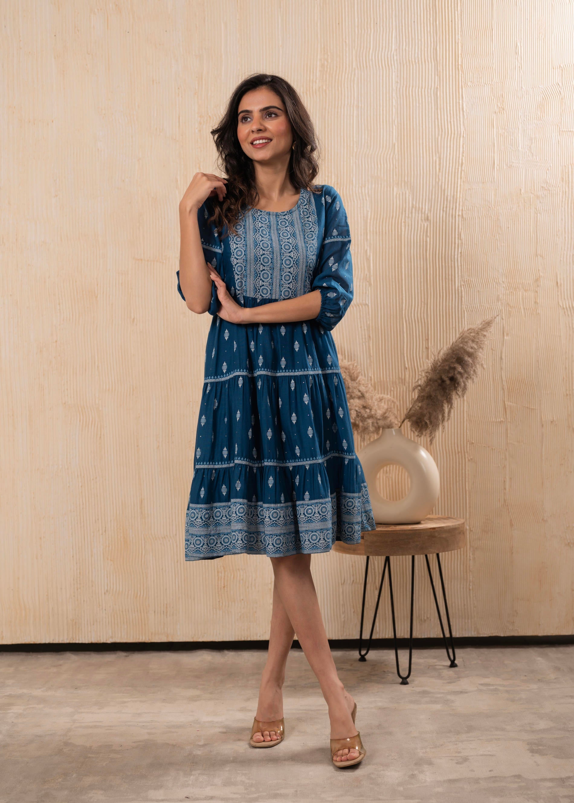 Indigo Blue Printed Boho Knee-Length Fit & Flare Dress