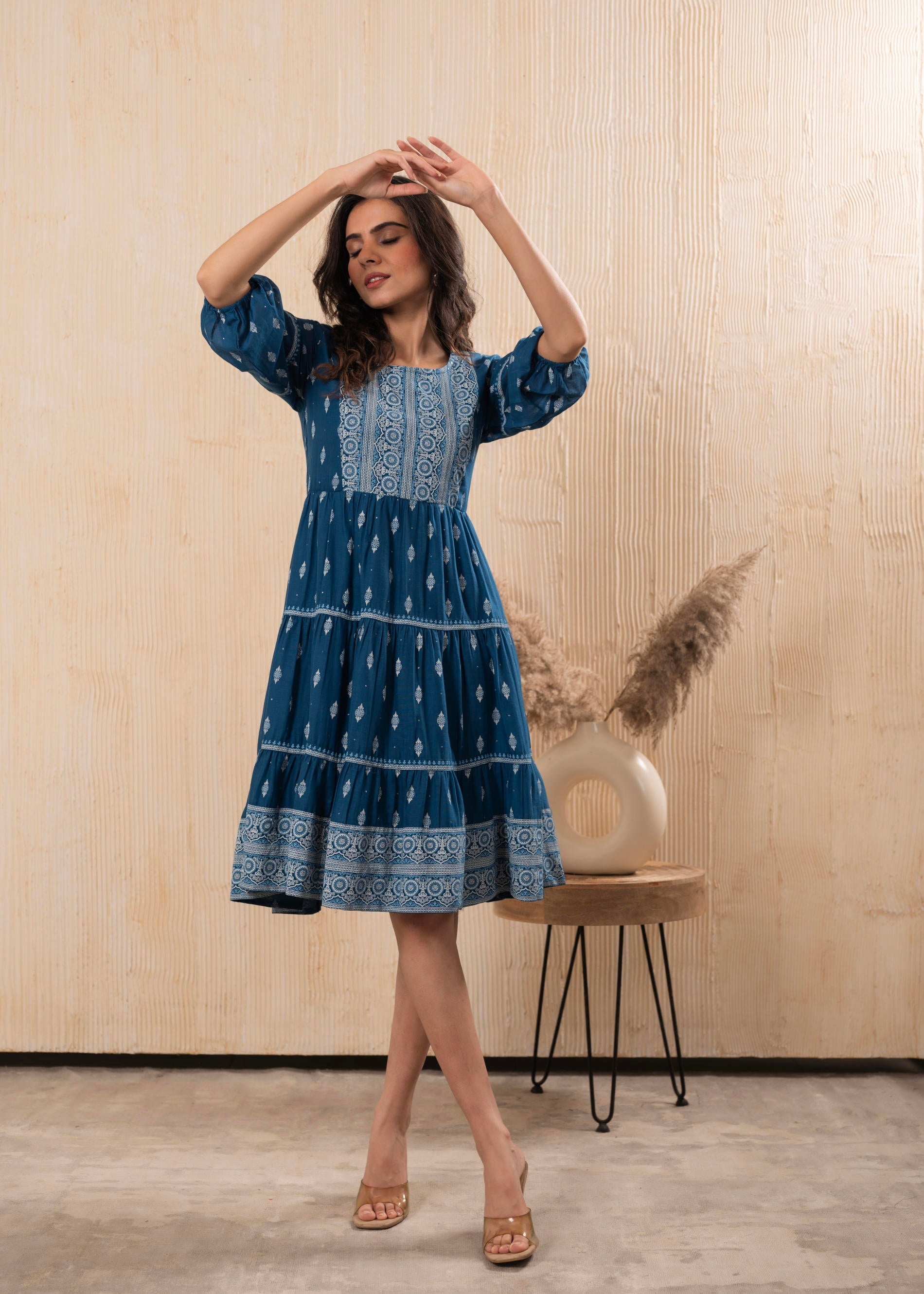 Indigo Blue Printed Boho Knee-Length Fit & Flare Dress