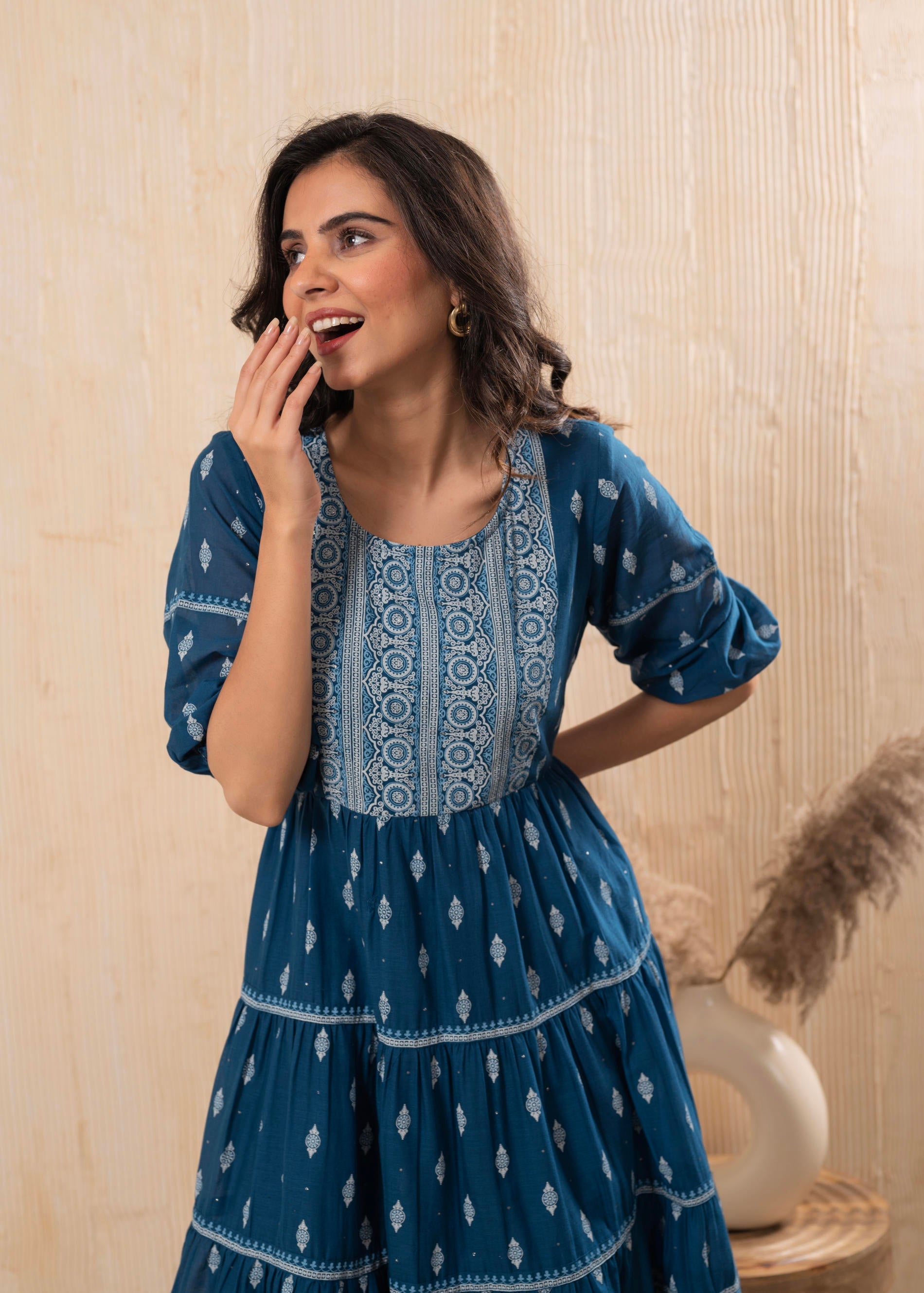 Indigo Blue Printed Boho Knee-Length Fit & Flare Dress