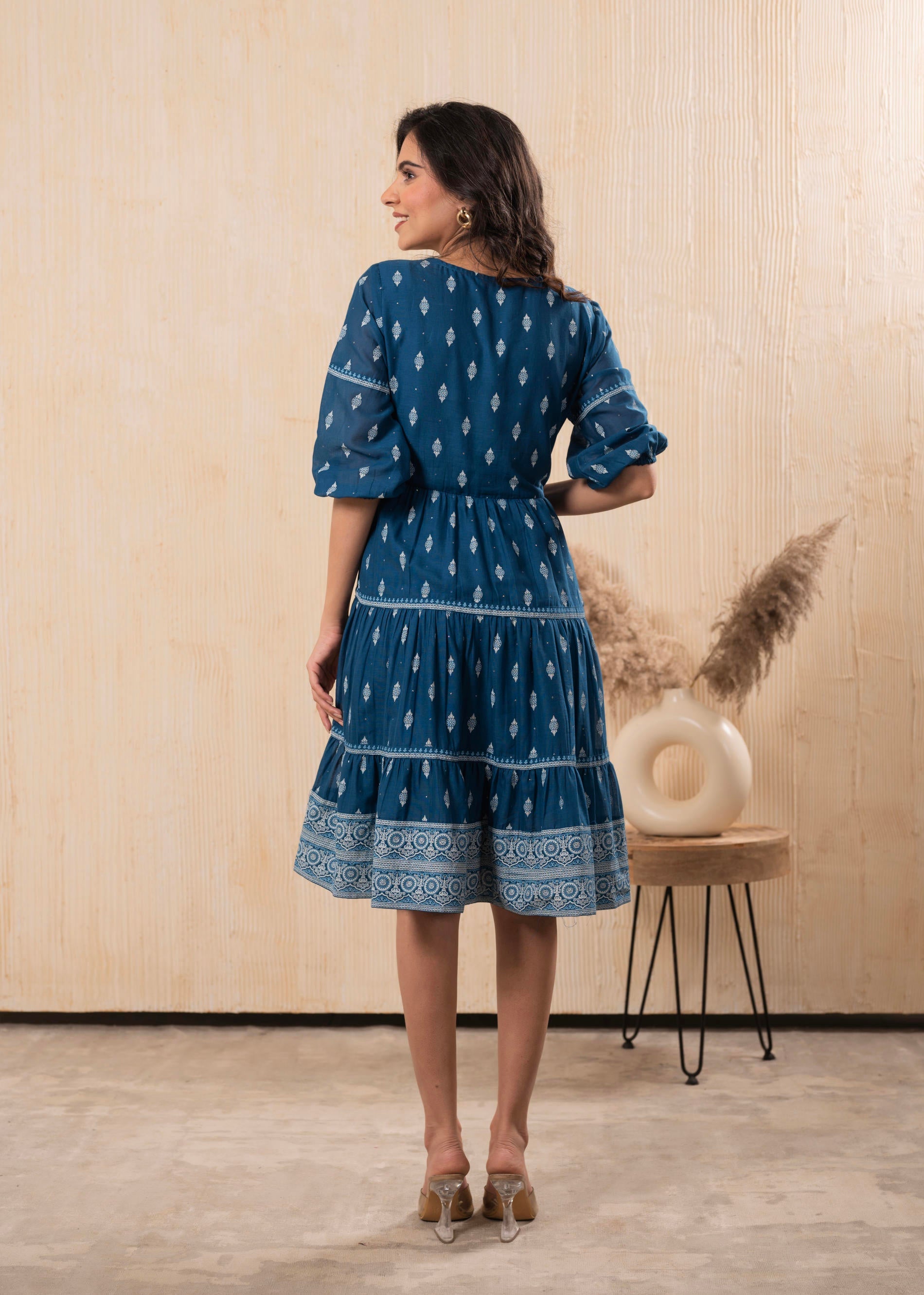 Indigo Blue Printed Boho Knee-Length Fit & Flare Dress