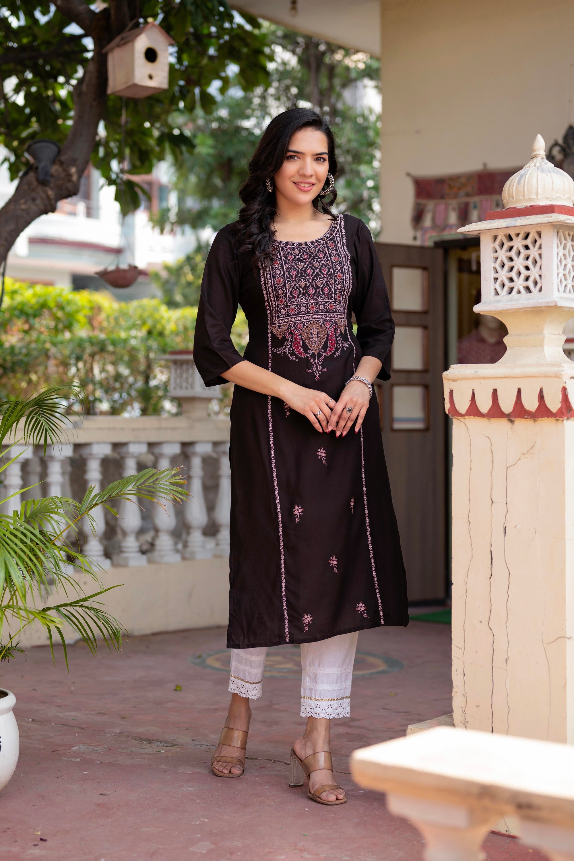 Dark Coffee Viscose Geometric Printed Kurta with Ethnic Motifs & Thread Work