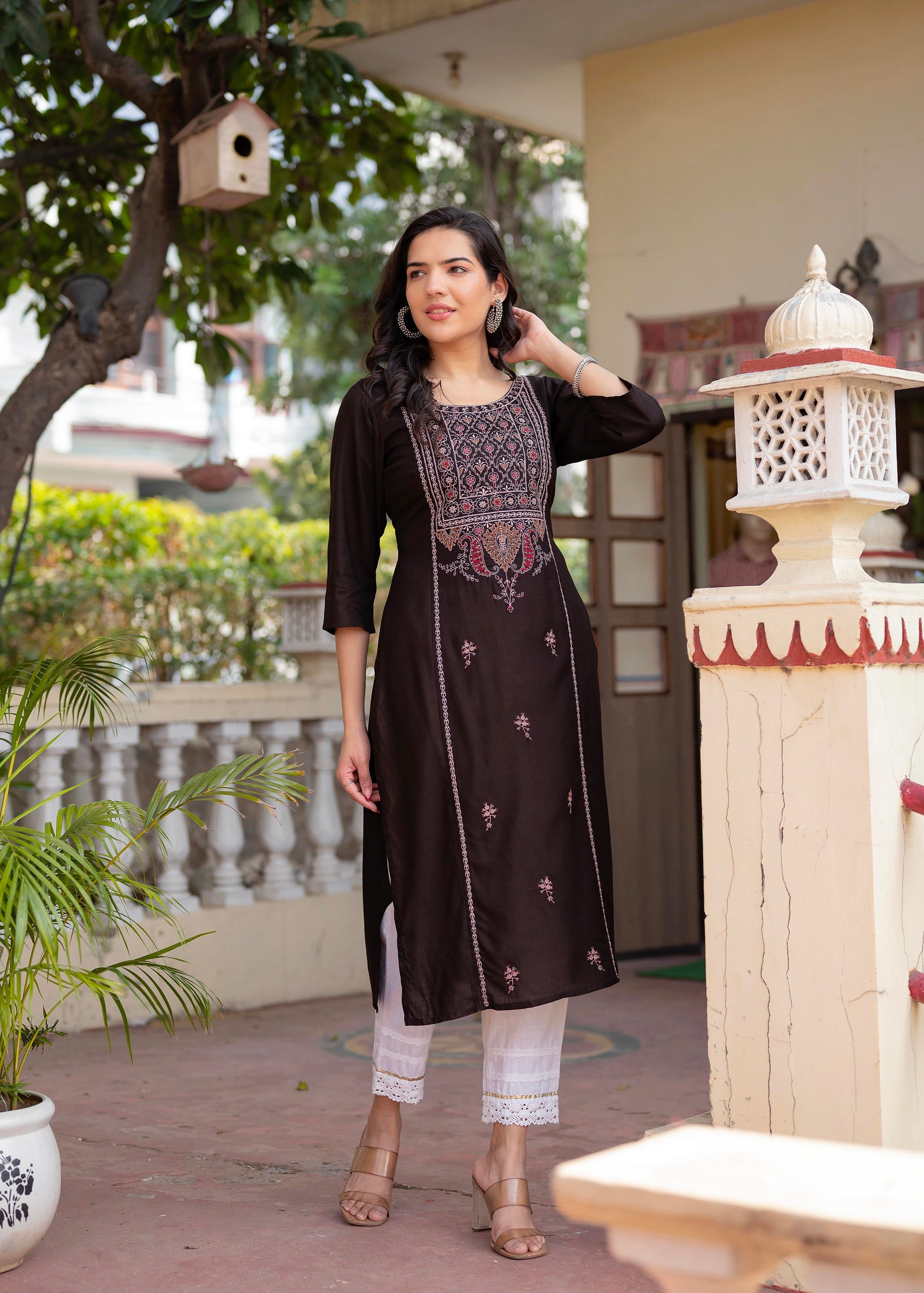 Dark Coffee Viscose Geometric Printed Kurta with Ethnic Motifs & Thread Work