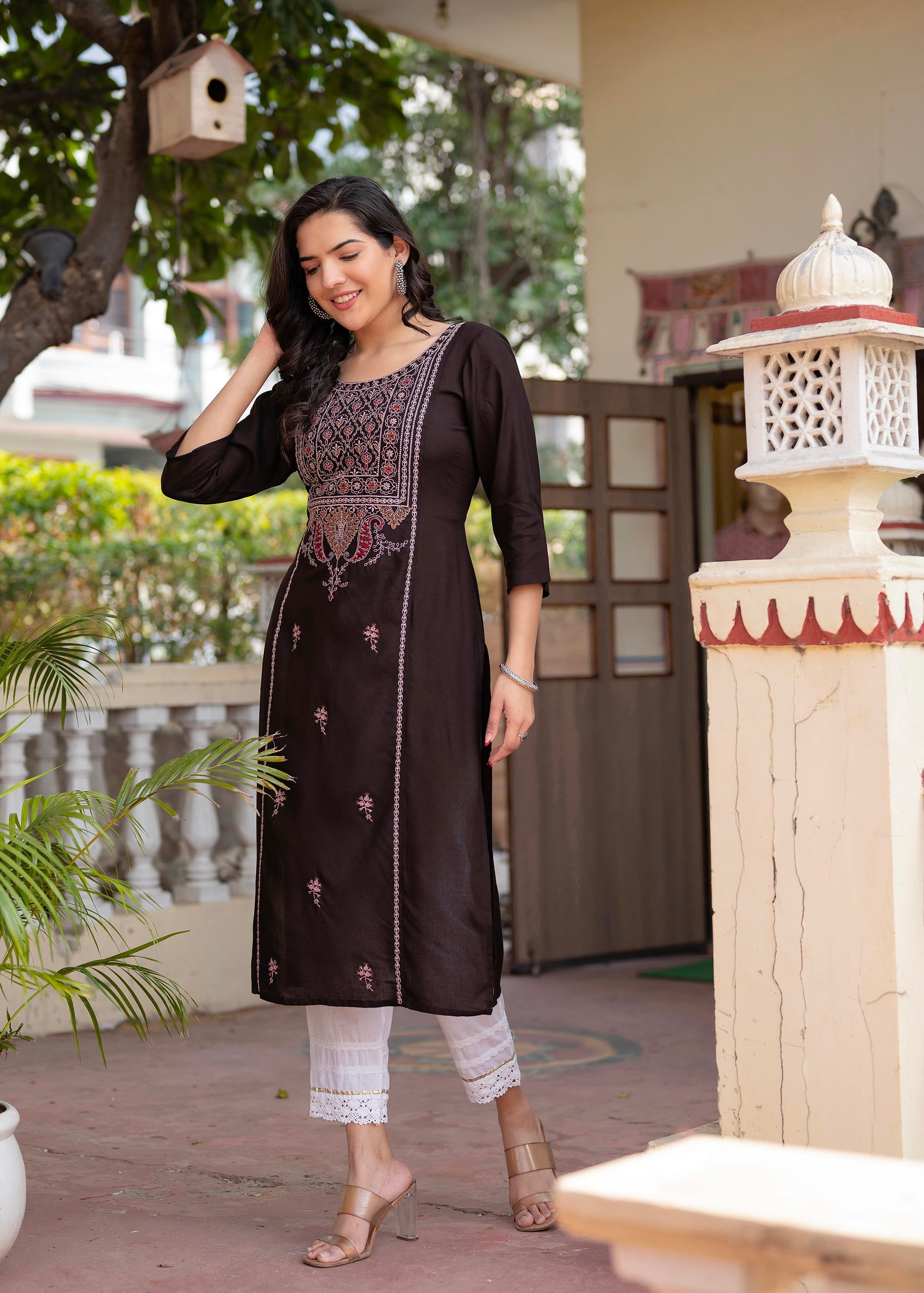 Dark Coffee Viscose Geometric Printed Kurta with Ethnic Motifs & Thread Work