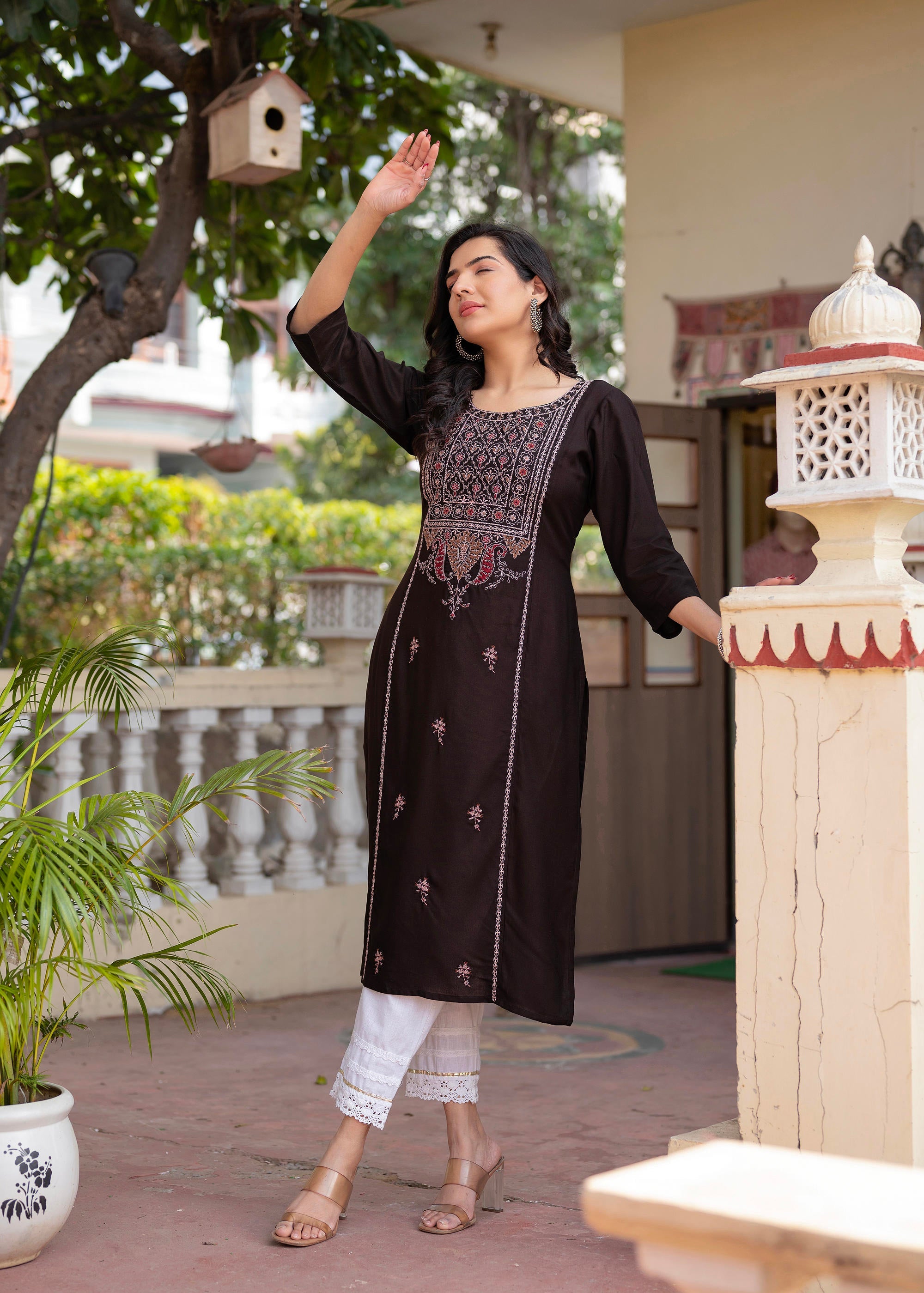 Dark Coffee Viscose Geometric Printed Kurta with Ethnic Motifs & Thread Work