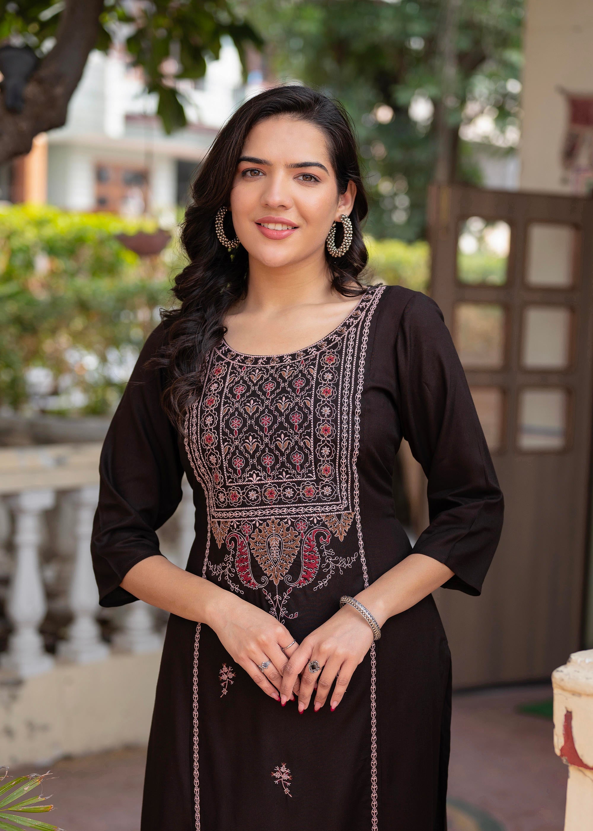 Dark Coffee Viscose Geometric Printed Kurta with Ethnic Motifs & Thread Work