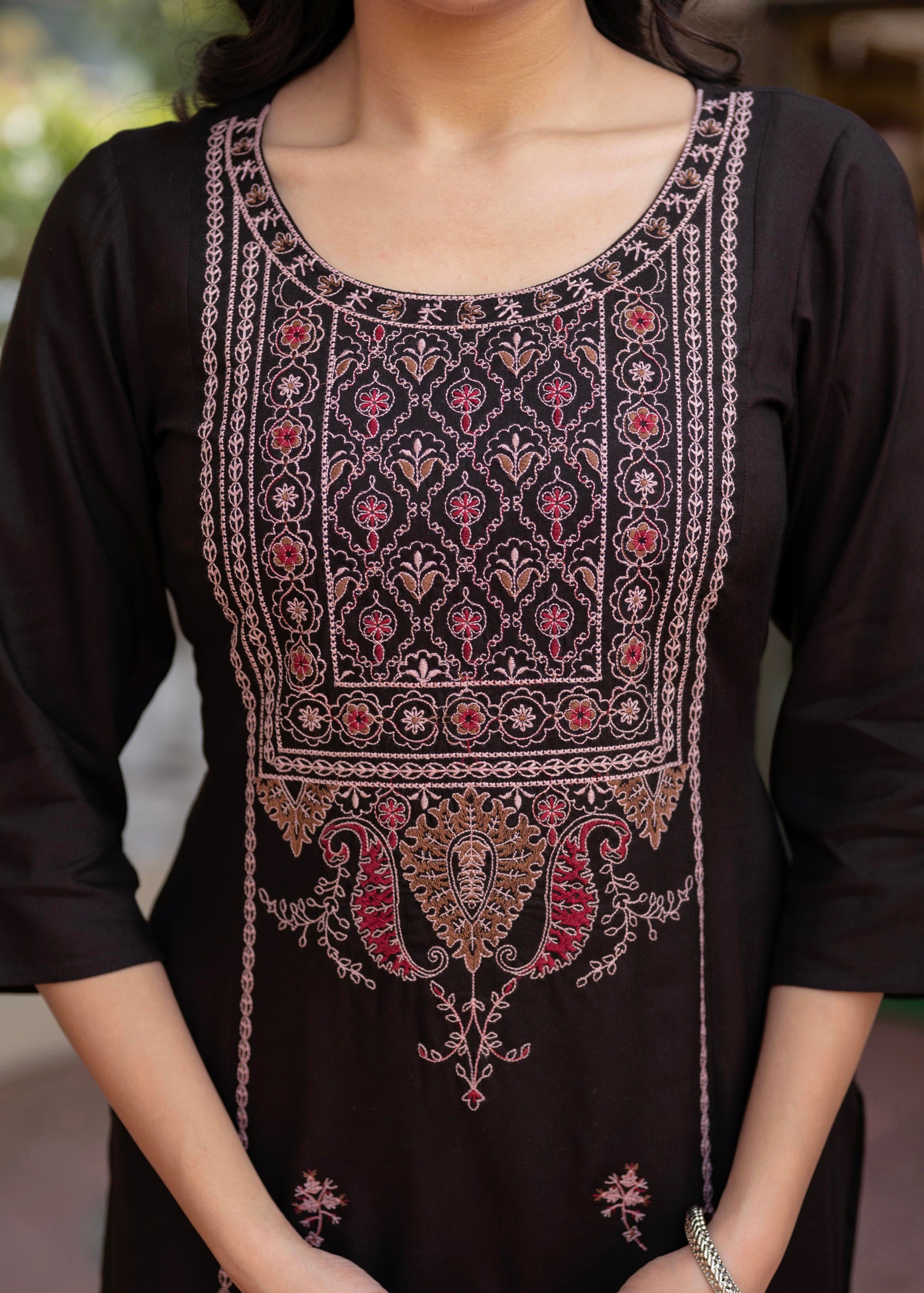 Dark Coffee Viscose Geometric Printed Kurta with Ethnic Motifs & Thread Work