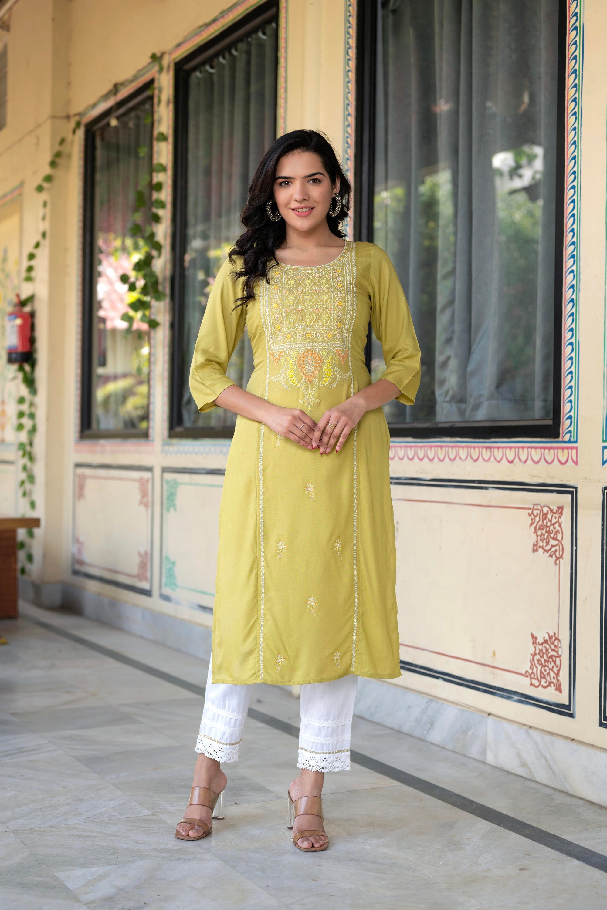 Lime Viscose Geometric Printed Kurta