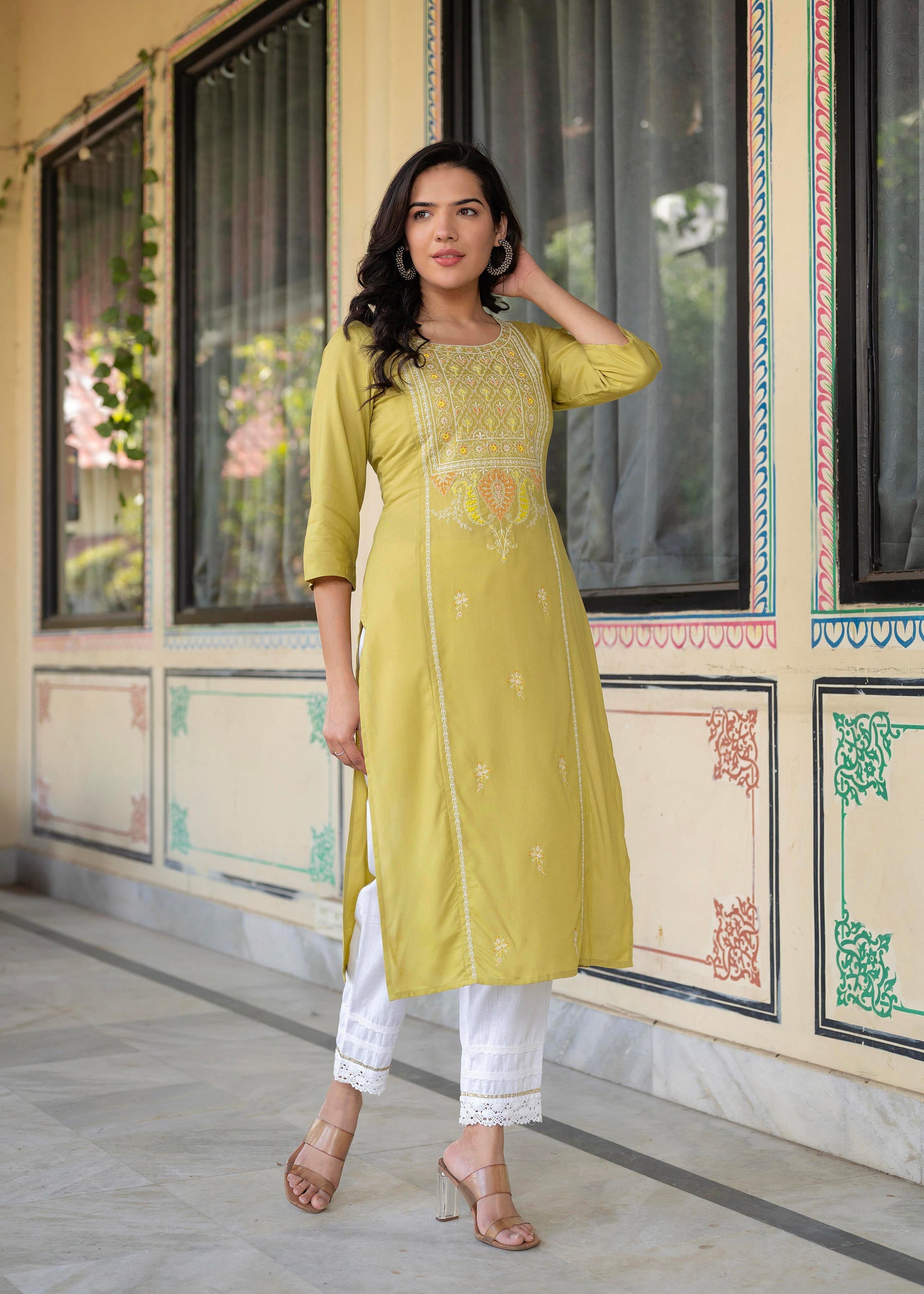 Lime Viscose Geometric Printed Kurta