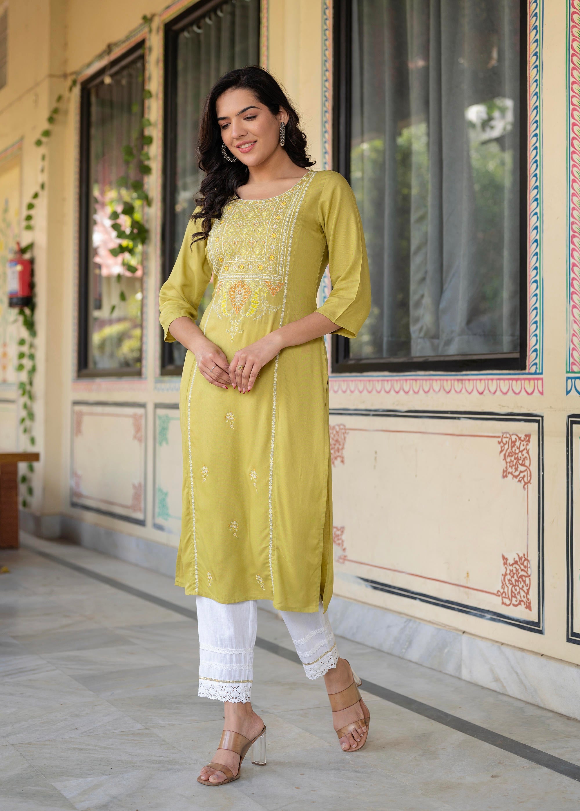 Lime Viscose Geometric Printed Kurta