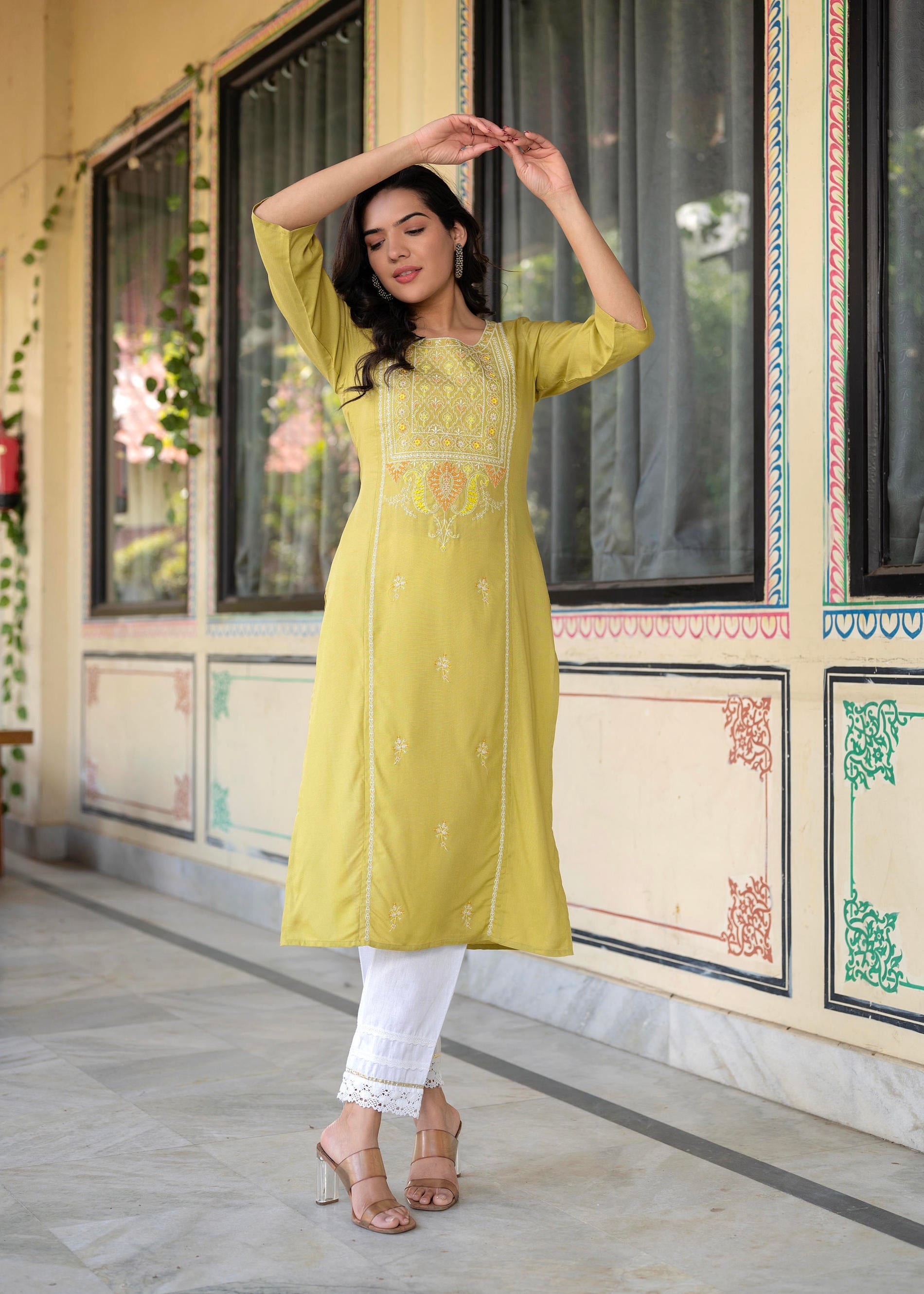Lime Viscose Geometric Printed Kurta
