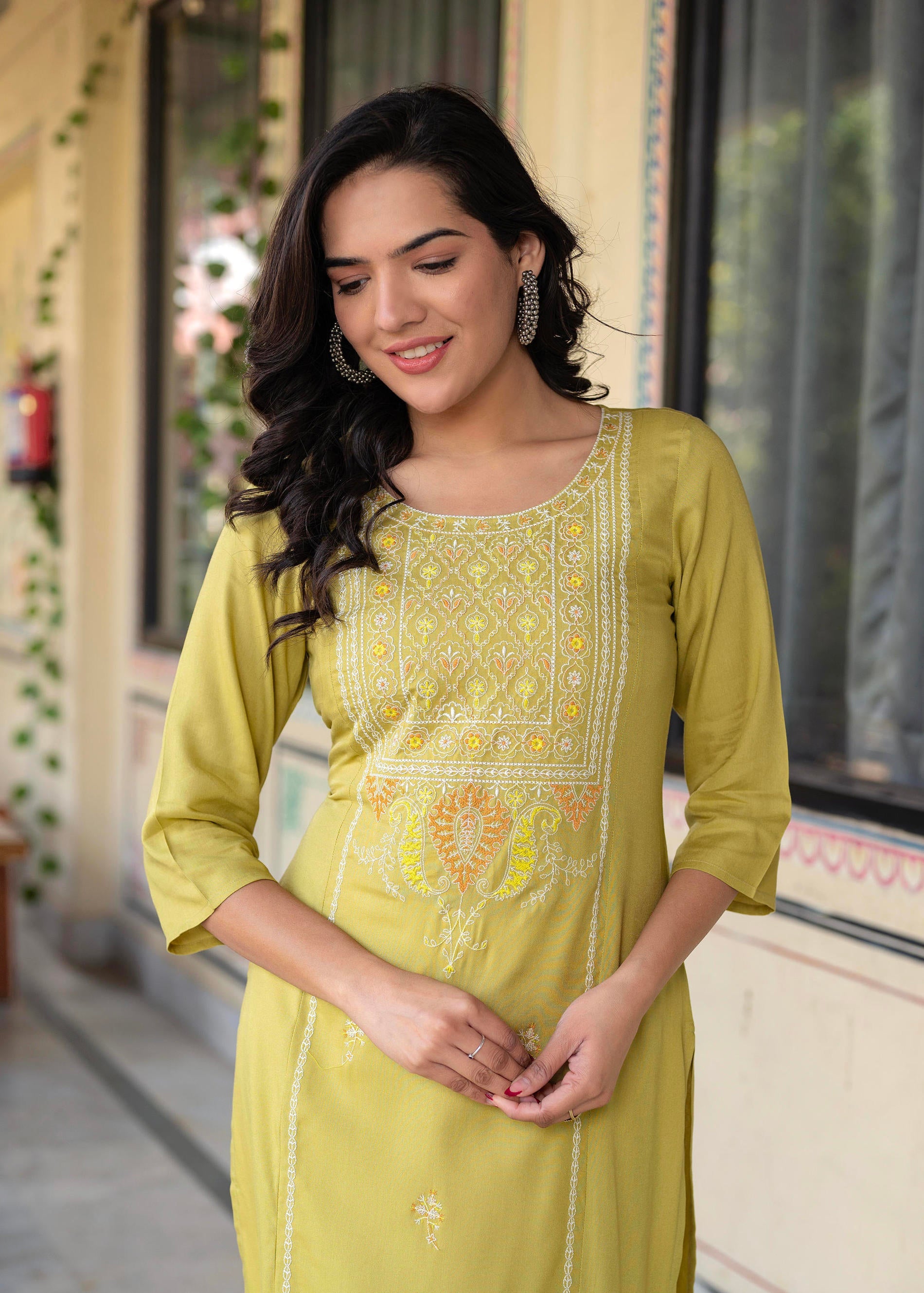 Lime Viscose Geometric Printed Kurta